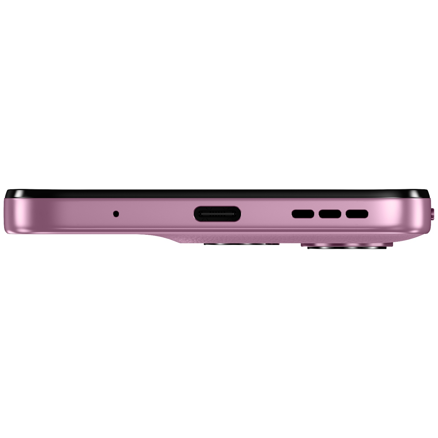Close-up van een roze smartphone met een USB-C-poort en luidsprekerroosters.
