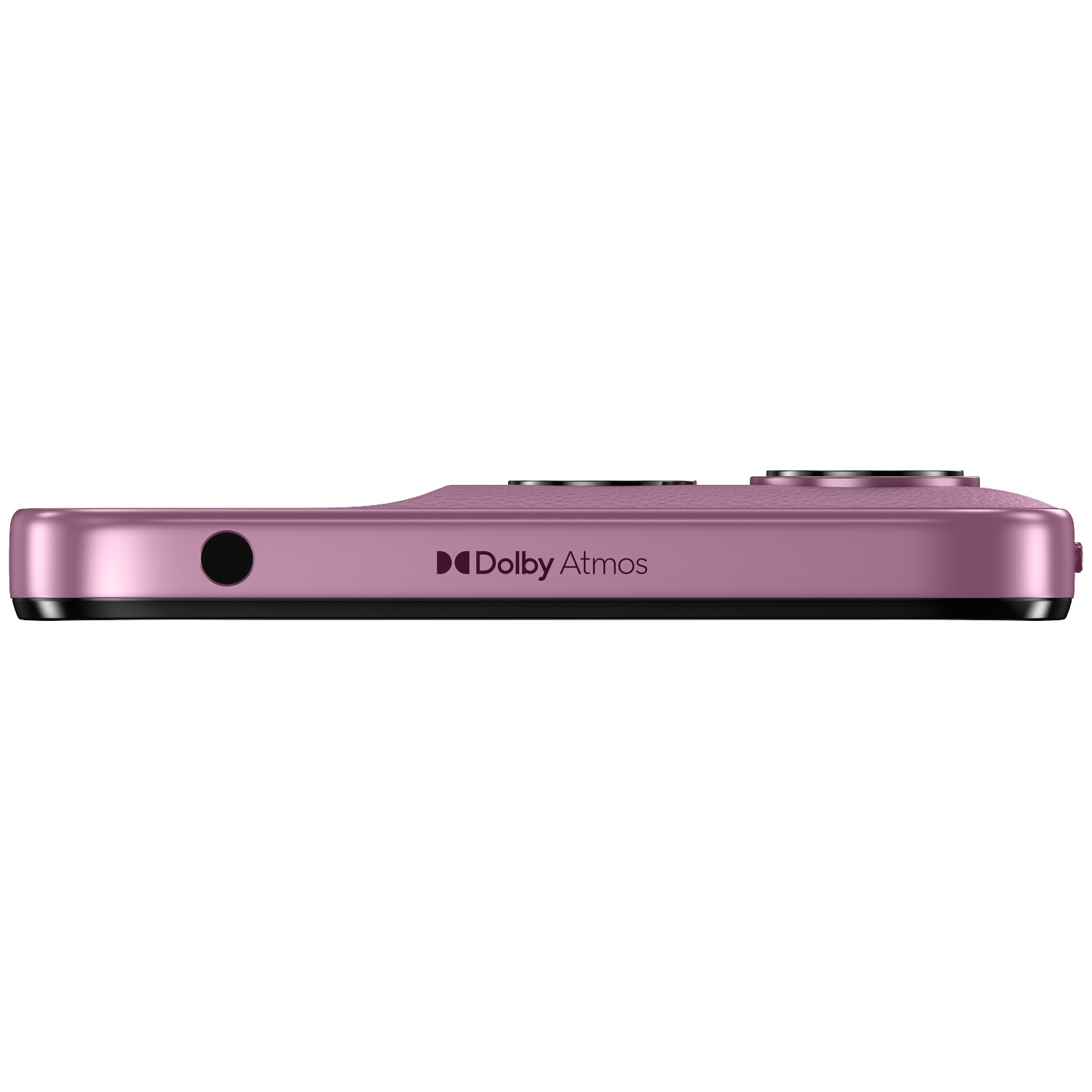 De roze zijkant van een smartphone, met Dolby Atmos-logo en koptelefoonaansluiting.
