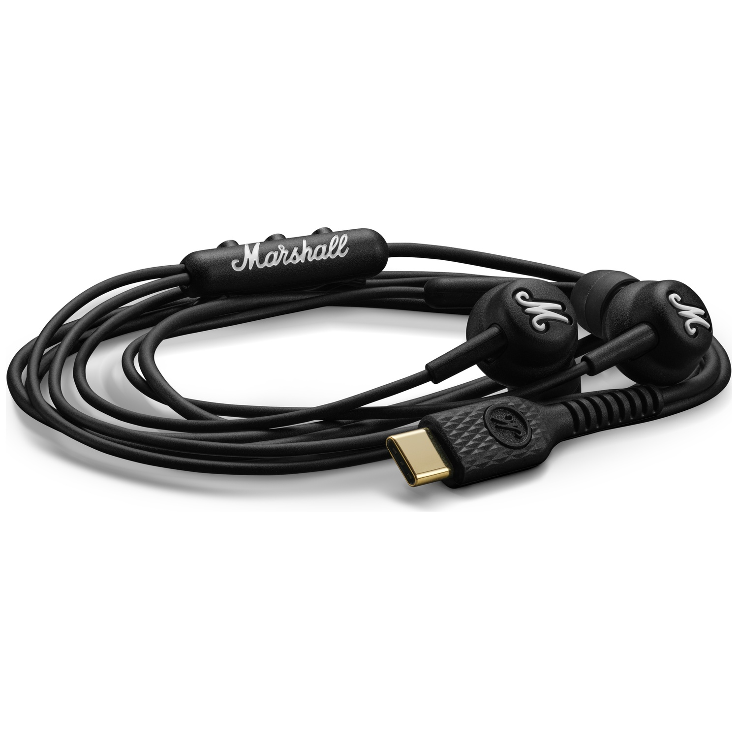 Écouteurs Marshall noirs avec connecteur USB-C, sur fond blanc.