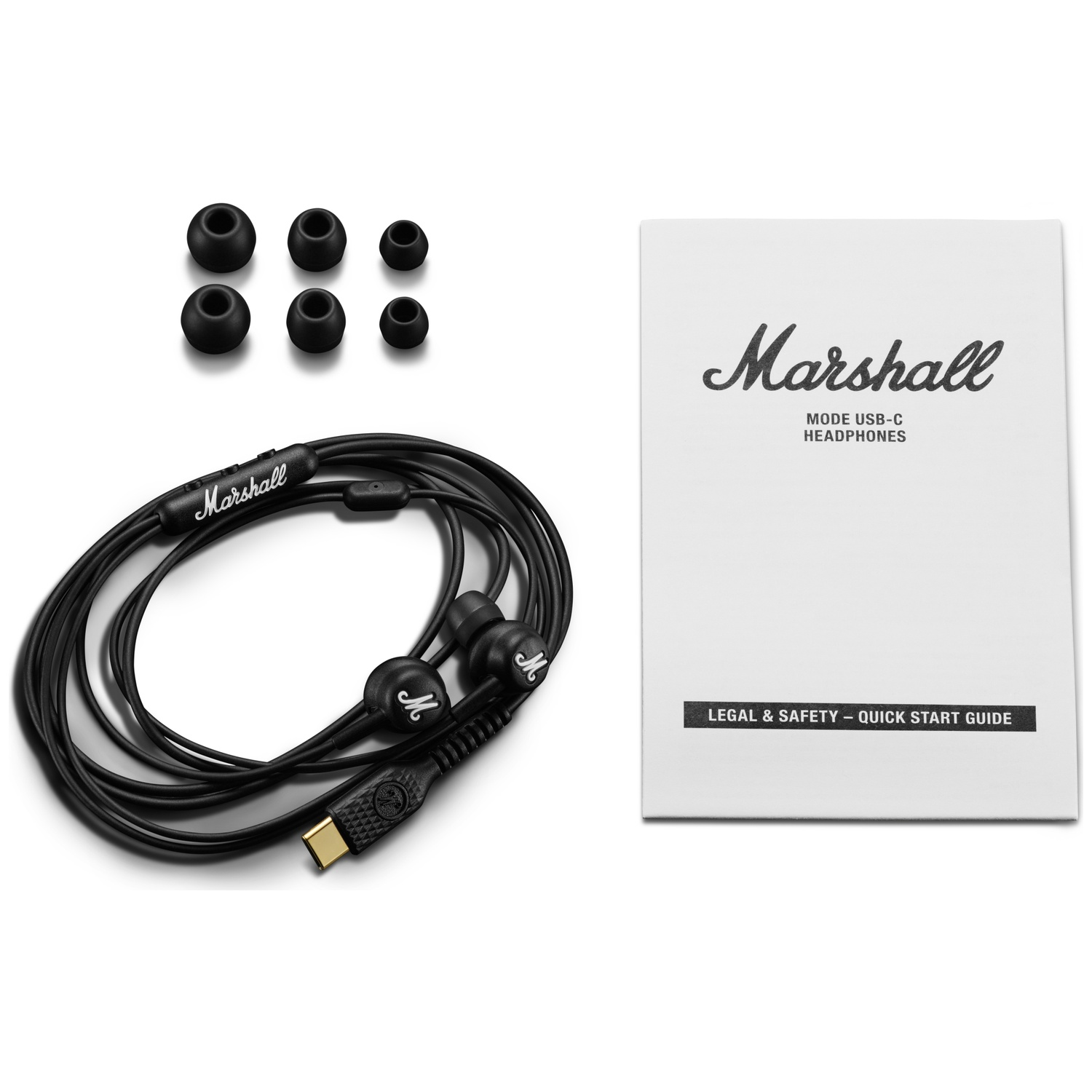 Écouteurs Marshall Mode USB-C noirs avec embouts supplémentaires et guide de démarrage rapide.