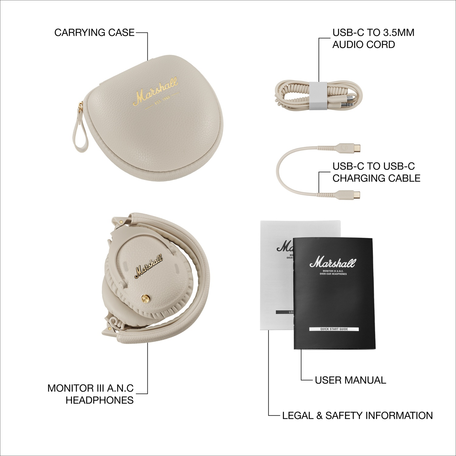 Casque Marshall Monitor III A.N.C, étui, câbles et manuels.