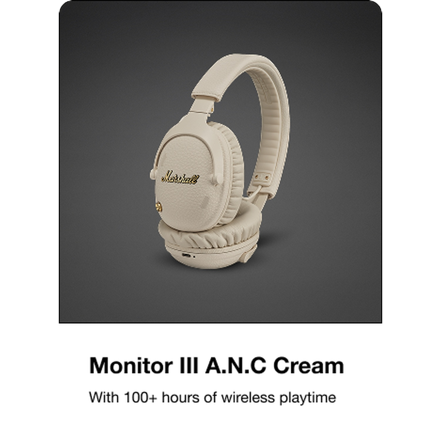 Casque Marshall Monitor III A.N.C crème avec logo doré sur fond sombre.