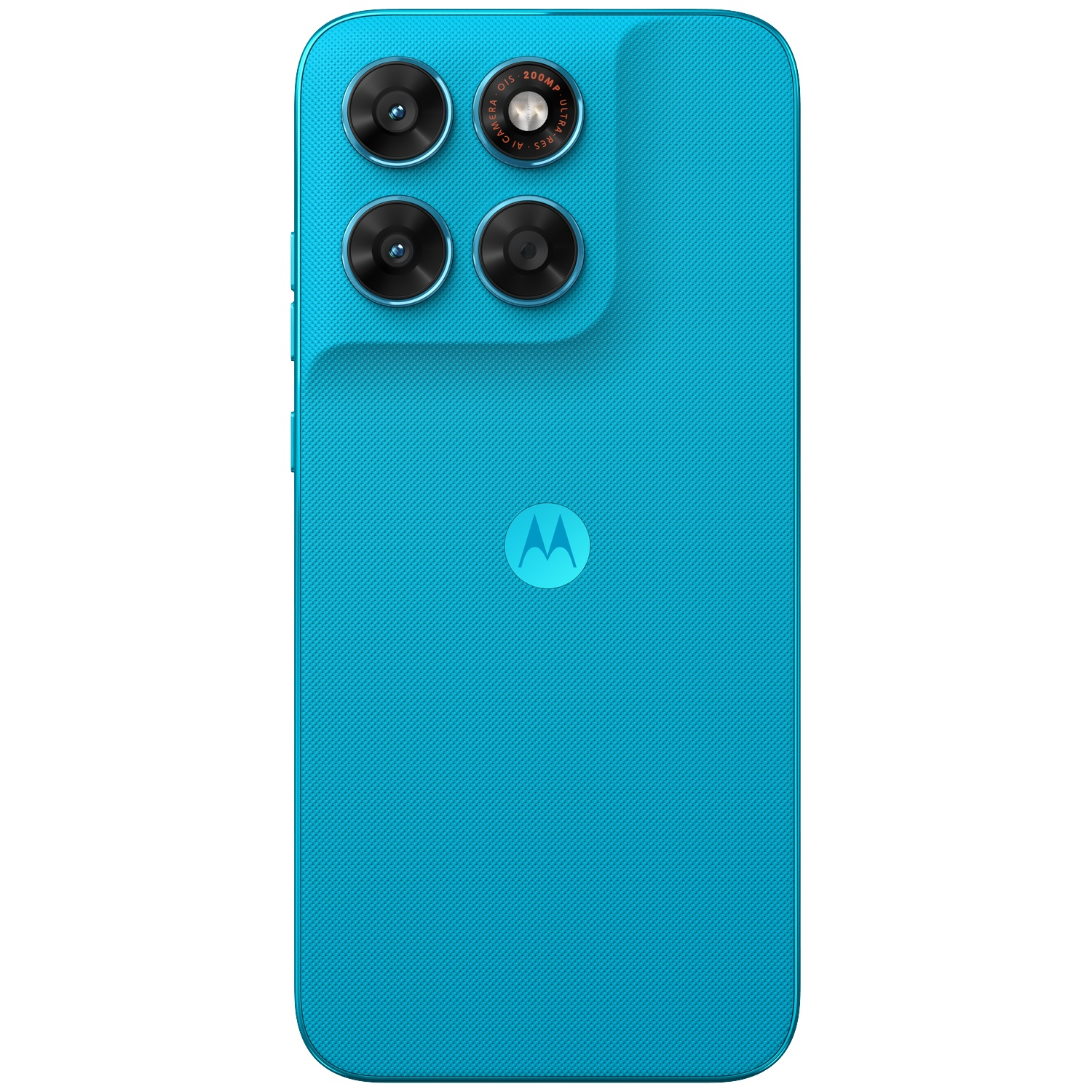 Achterkant van een blauwe Motorola telefoon met vier camera's en een logo.