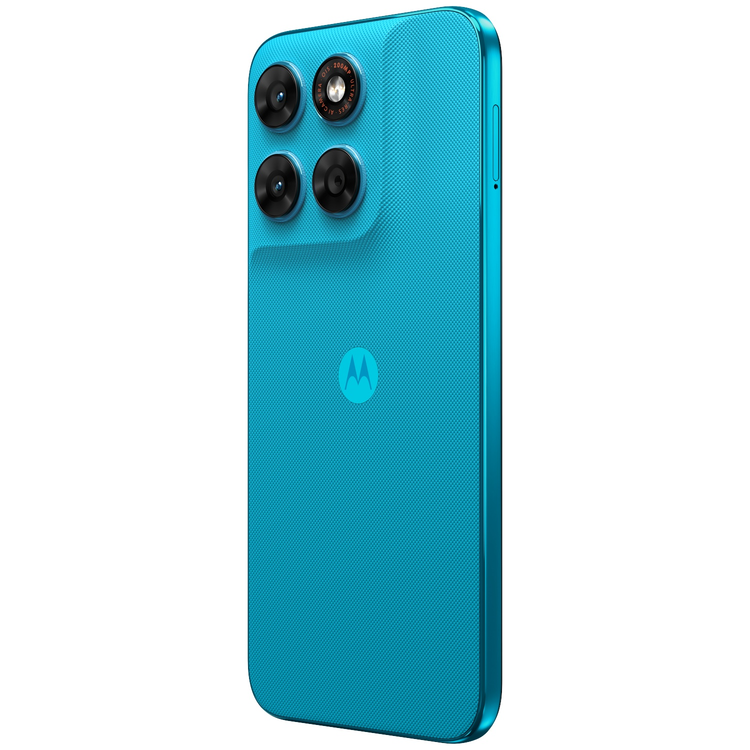 Blauwe smartphone met vier camera's en Motorola-logo op de achterkant.