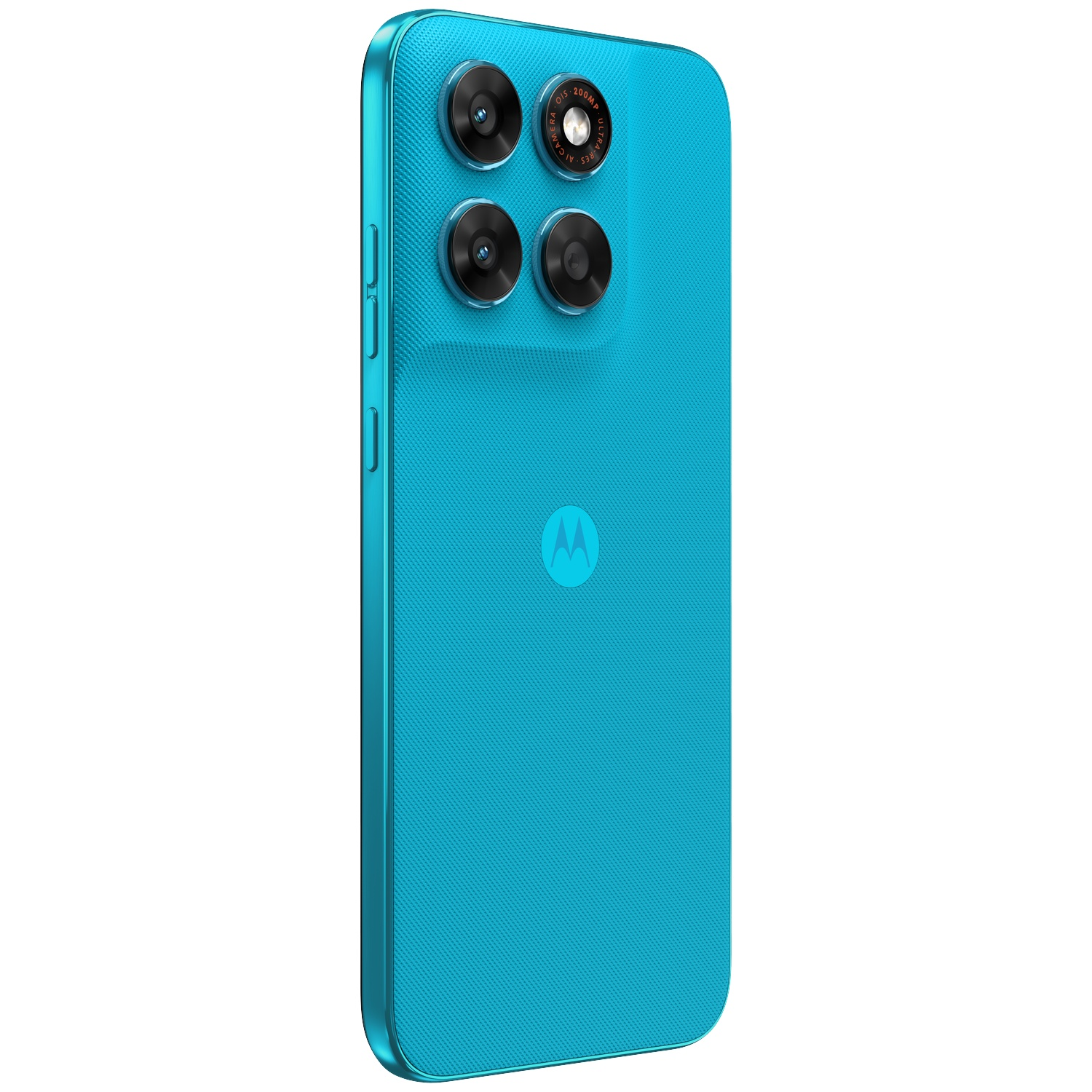 Een blauwe smartphone met vier camera's aan de achterkant en een Motorola-logo.