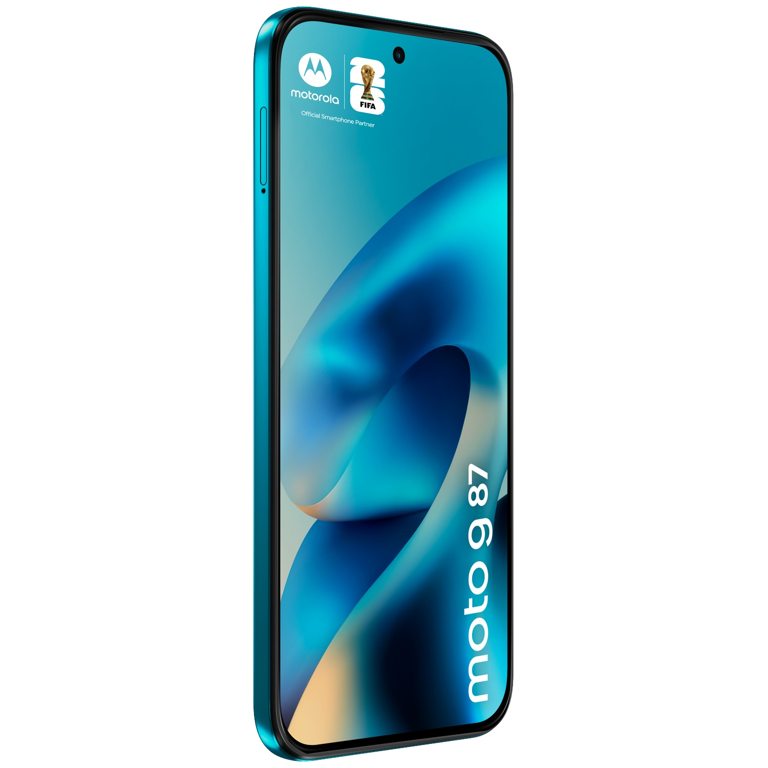 Een blauwe Motorola Moto G 87 met FIFA-logo en Motorola-logo op het scherm.