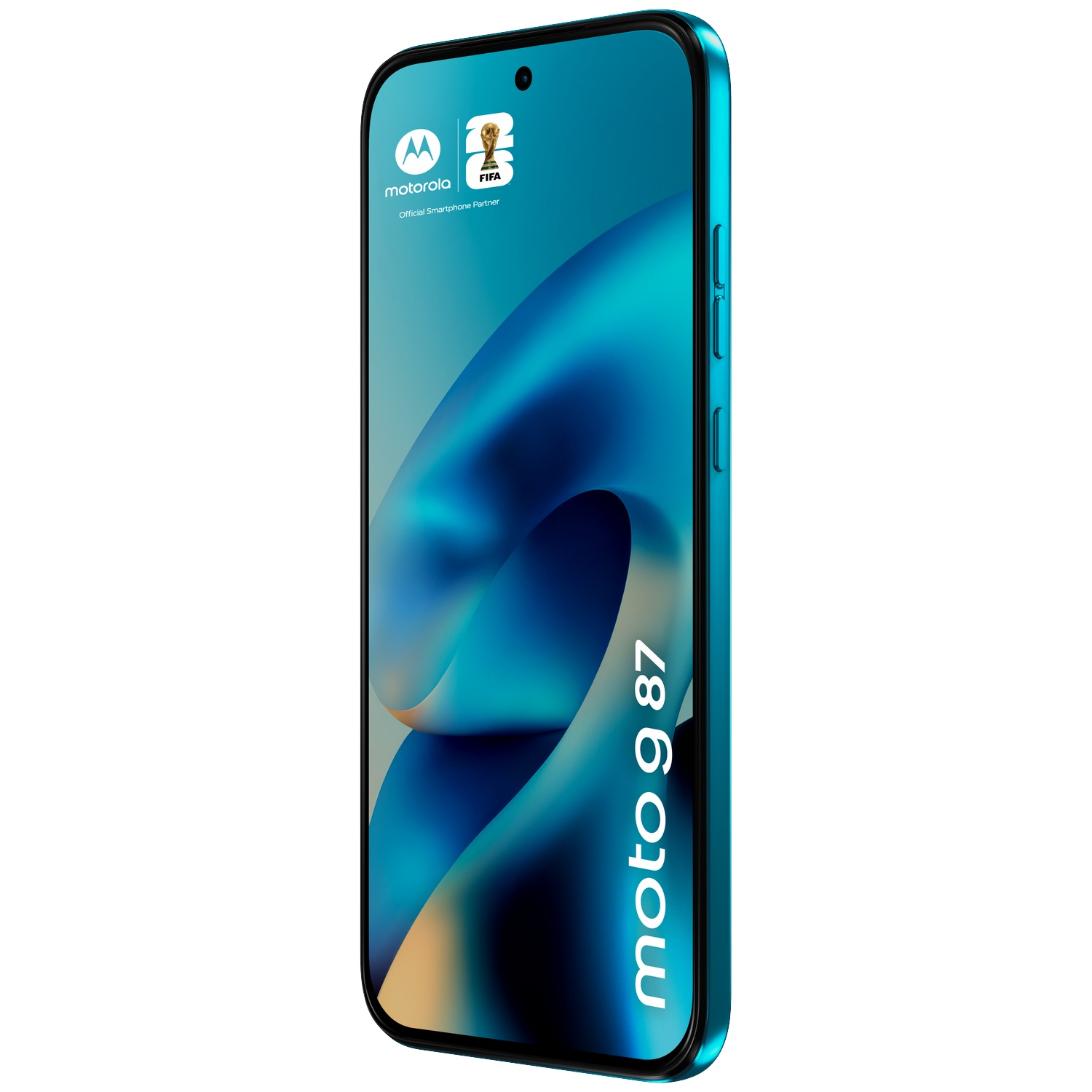 Een turquoise Motorola Moto G 87 smartphone met FIFA-logo.