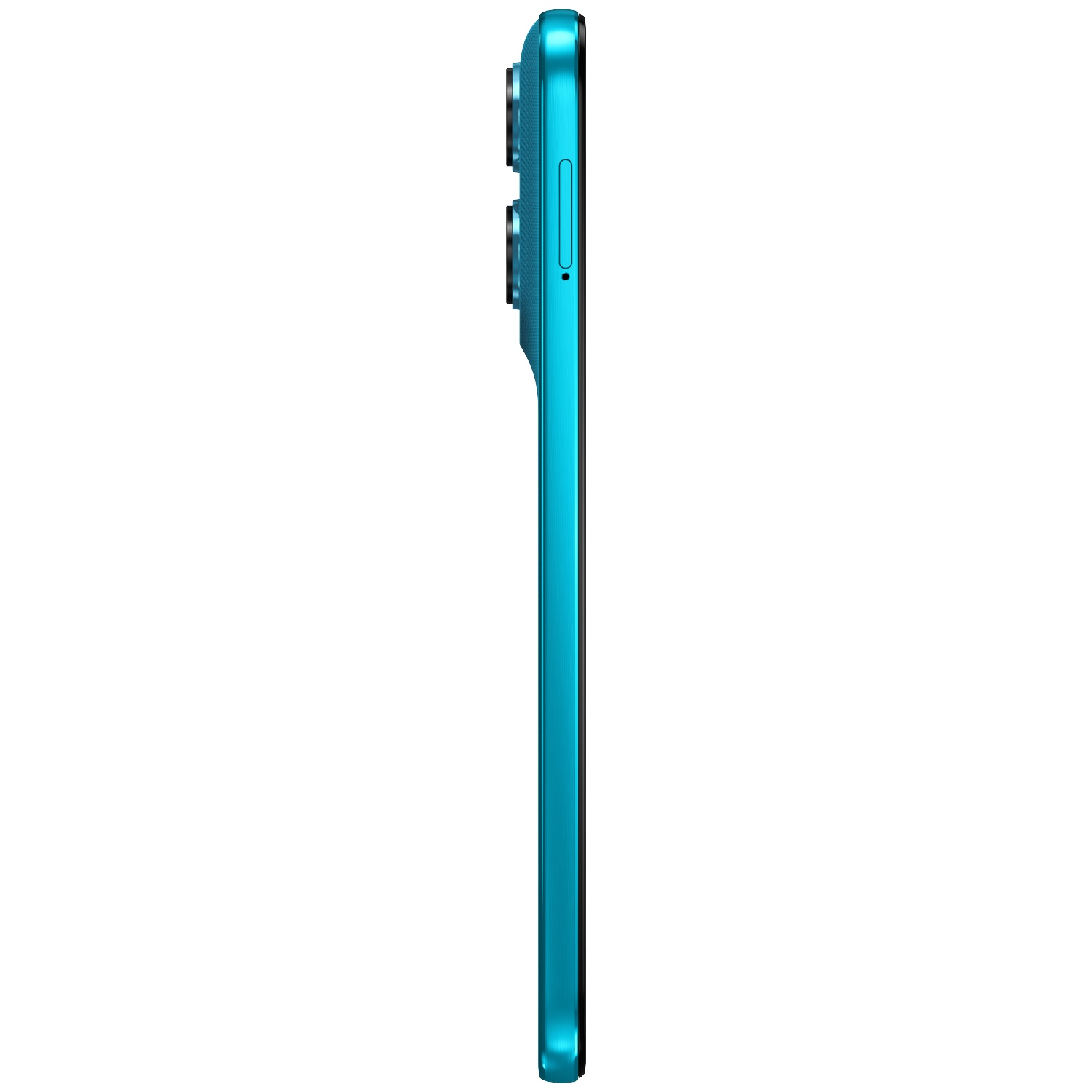 Een turquoise smartphone van de zijkant gezien, met camera's aan de achterkant.
