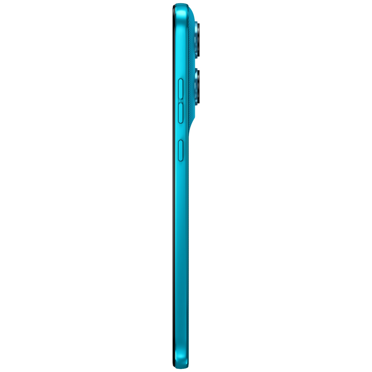 Turquoise smartphone van de zijkant, met zichtbare knoppen en cameralens.