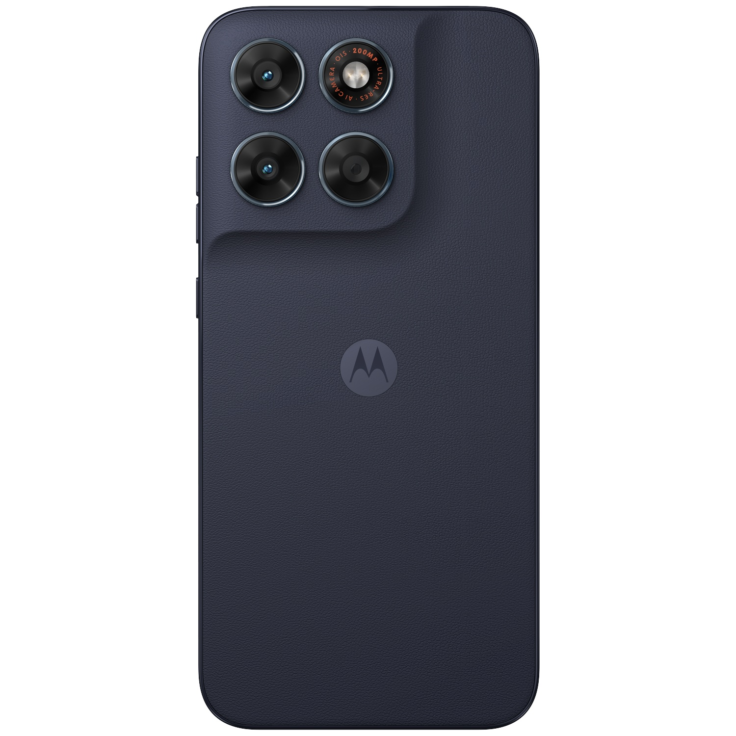 Achterkant van een donkerblauwe smartphone met vier camera's en Motorola-logo.