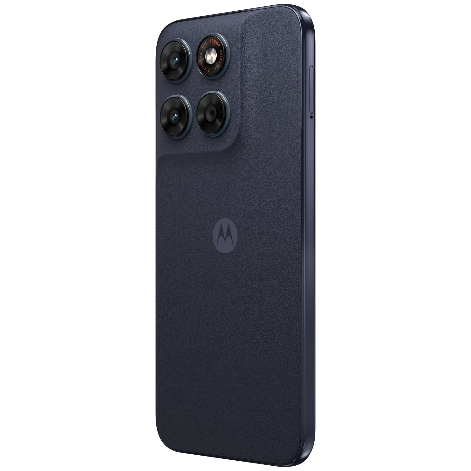 Donkerblauwe smartphone met vier camera's en Motorola-logo op de achterkant.