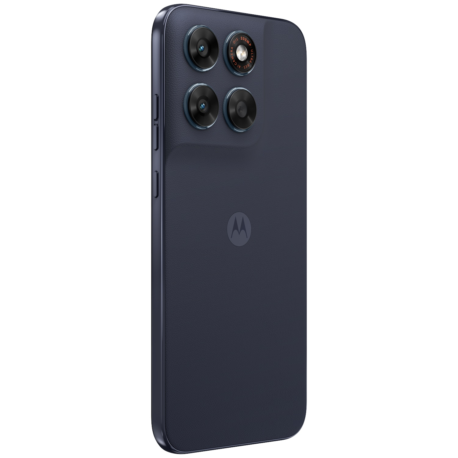 Donkerblauwe smartphone met vier camera's en Motorola-logo.