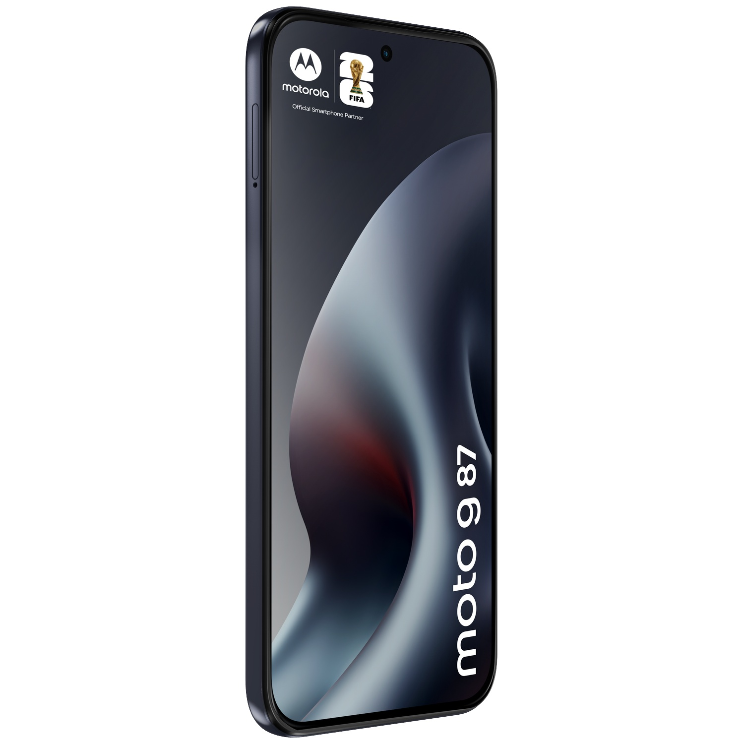 Donkerblauw Motorola smartphone met FIFA-logo en Moto 9 87-tekst.