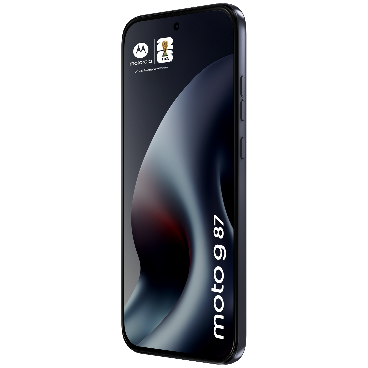 Donkere Motorola Moto G 87 smartphone met FIFA-logo op het scherm.