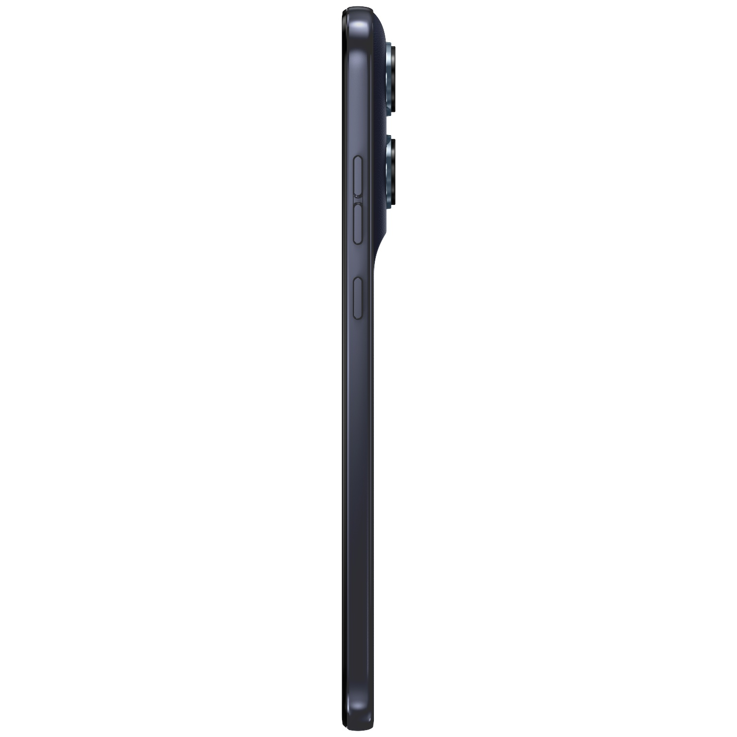 Donkergrijs smartphone in profiel, cameralens rechtsboven, witte knoppen.