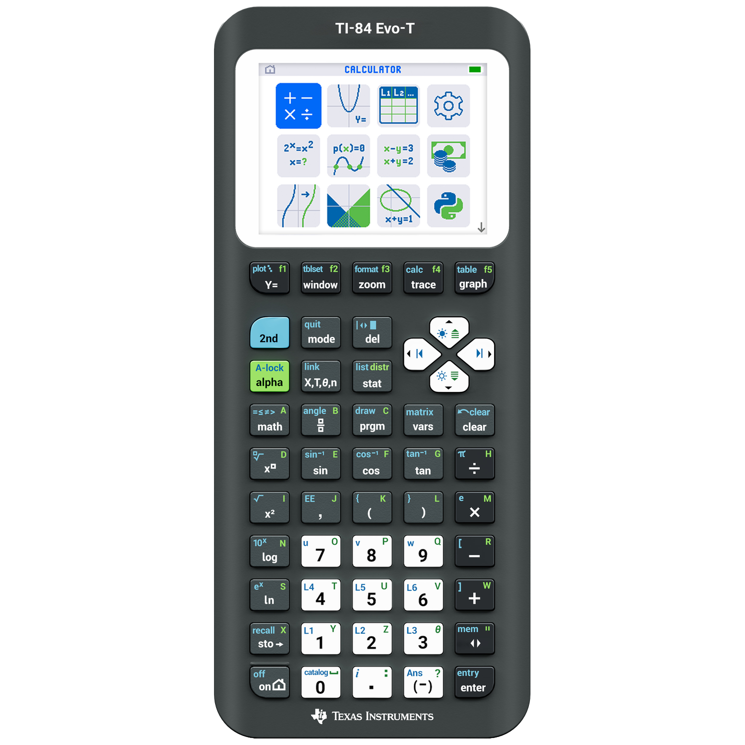 Donkergrijze TI-84 Evo-T rekenmachine met wit scherm waarop diverse wiskundige functies worden weergegeven.