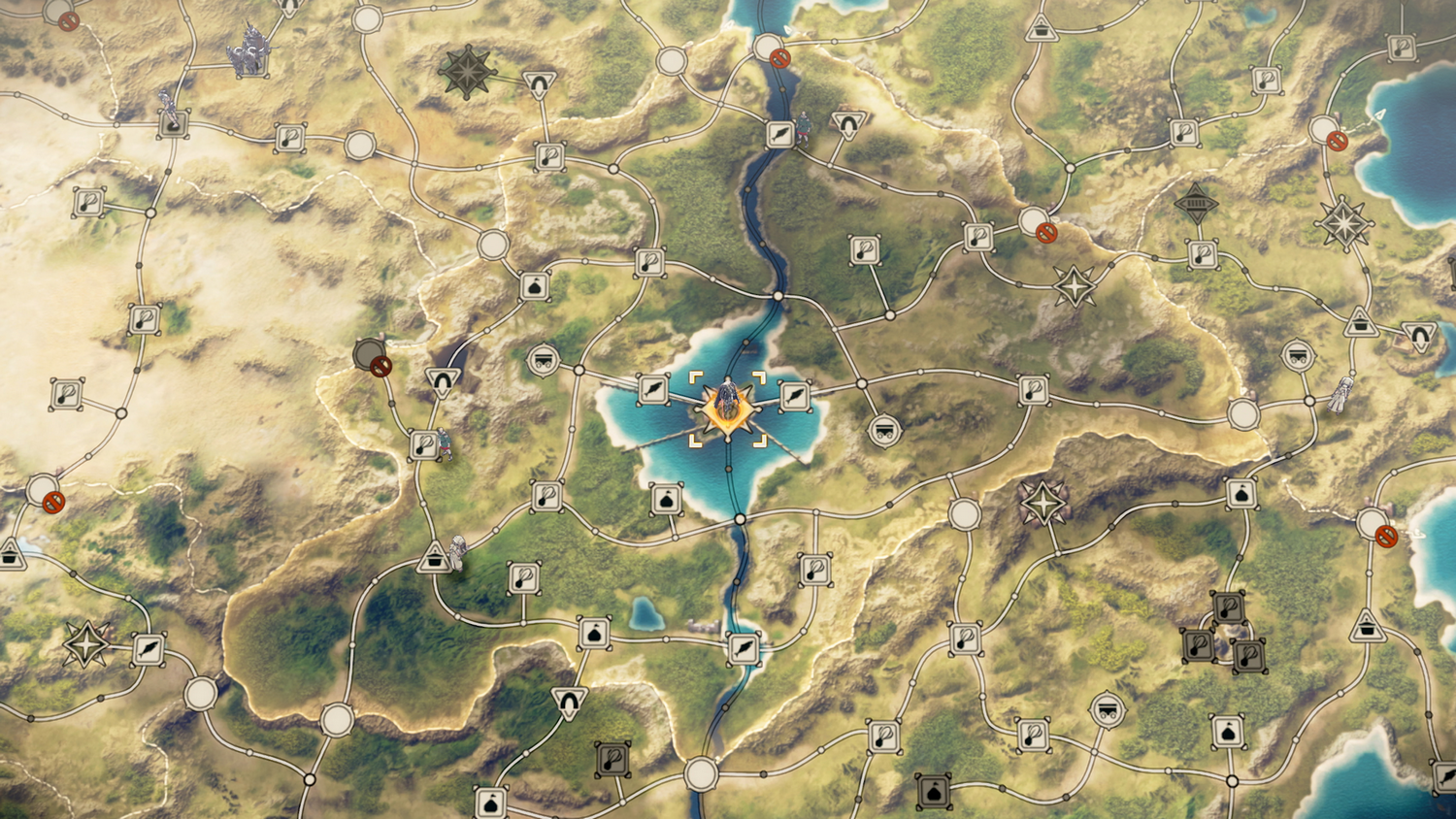 Un mapa de juego con rutas, pueblos y paisajes variados de desiertos y bosques.