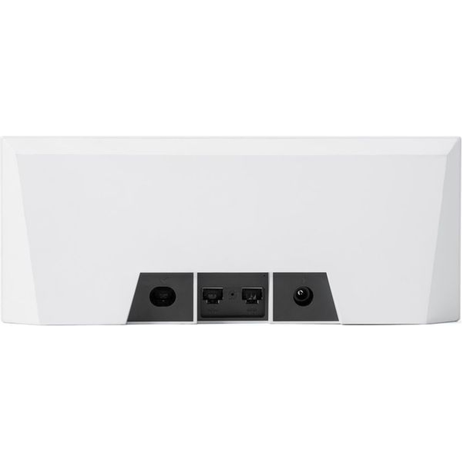 Arrière d'un appareil blanc avec ports : alimentation, Ethernet et audio.