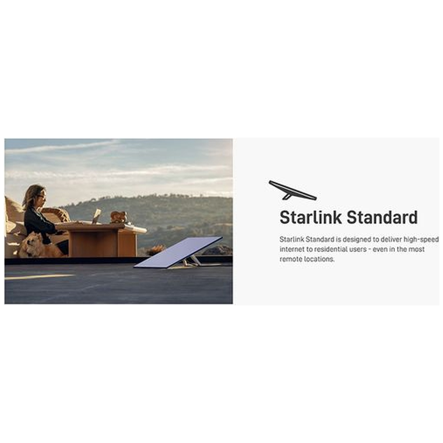 Une femme et un chien sont assis dehors. Une antenne Starlink est à proximité.