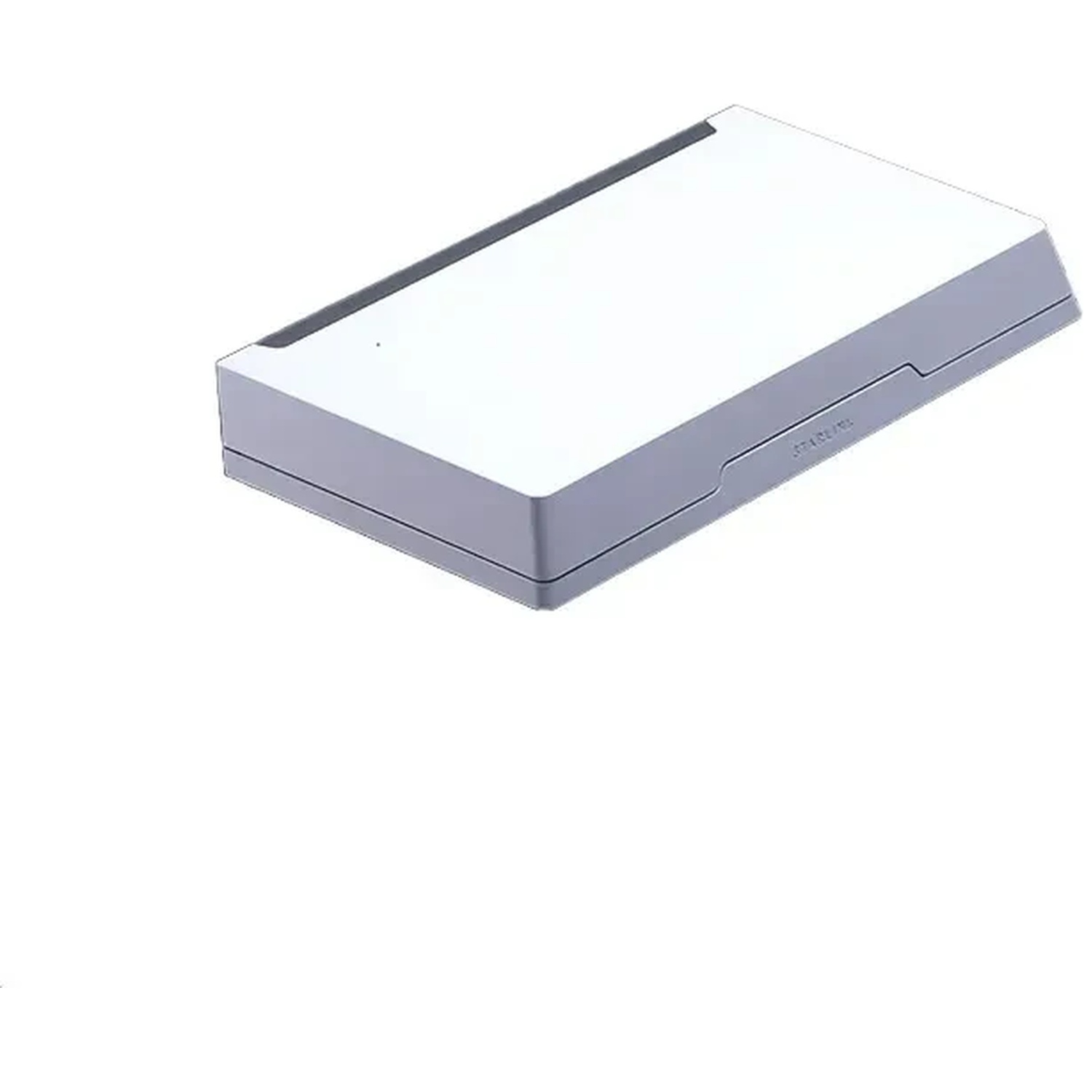Un objet rectangulaire blanc aux bords gris, sur fond blanc.