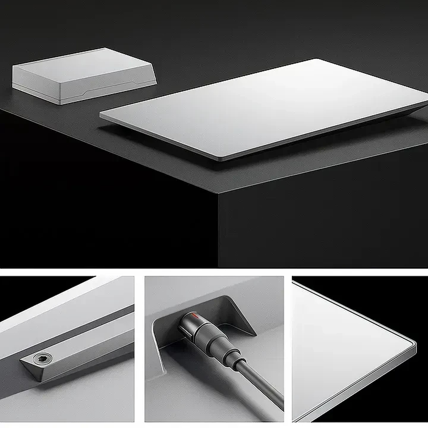 Un objet rectangulaire argenté et un objet argenté avec un couvercle sur fond noir.