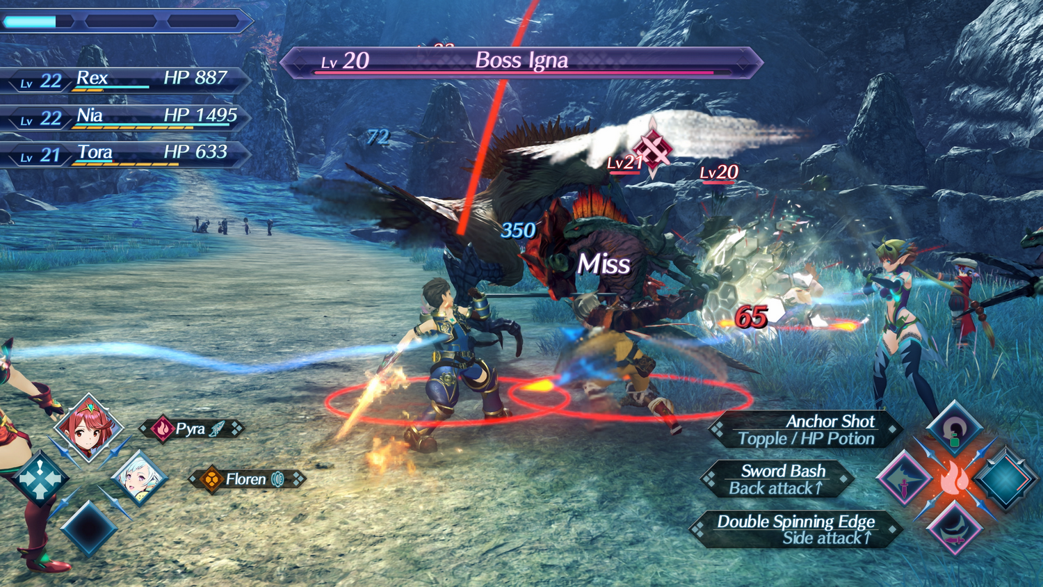 Batalla contra el jefe Igna con los personajes Rex, Nia y Tora. Se combate a un monstruo volador.