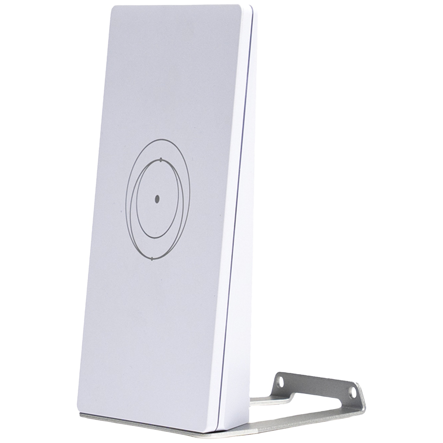 Appareil rectangulaire blanc avec cercles concentriques sur sa face, monté sur un support métallique.