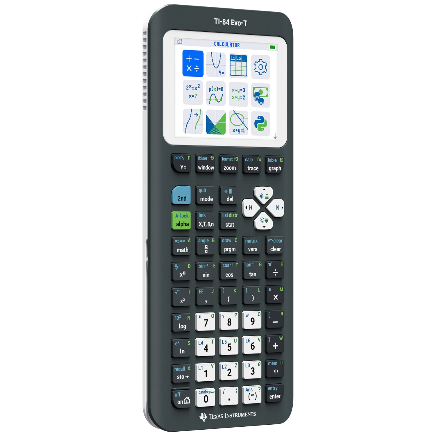 Een grijze Texas Instruments TI-84 Evo-T rekenmachine met witte rand en gekleurde knoppen.