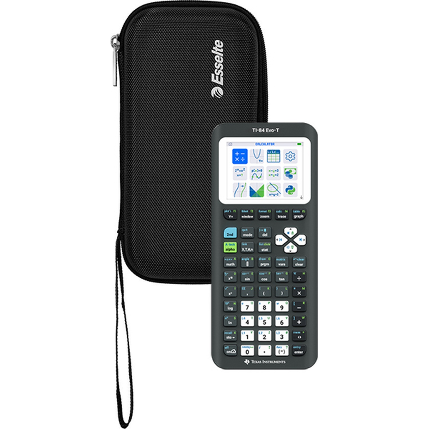 Zwarte Esselte hoes naast een TI-84 Evo-T rekenmachine op witte achtergrond.
