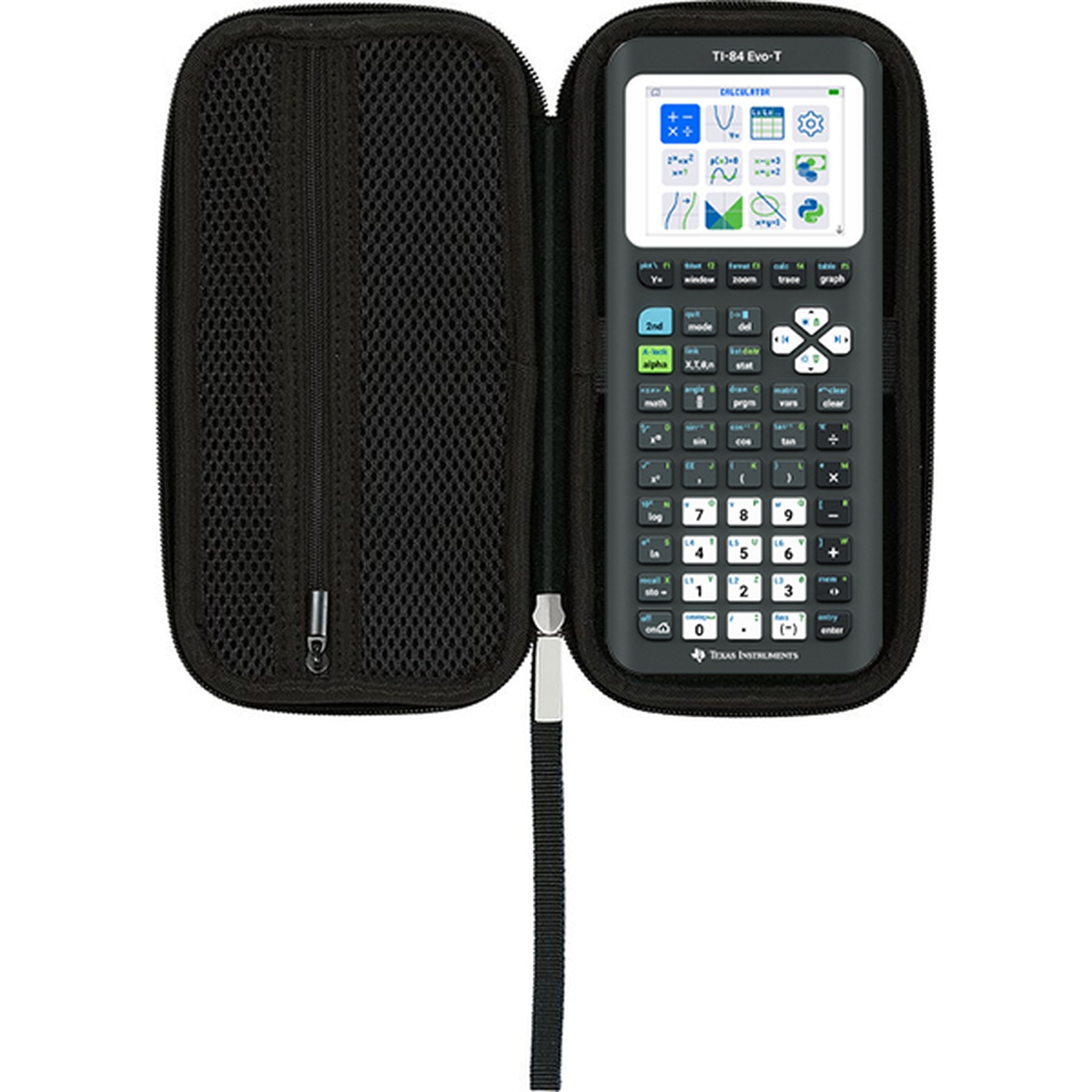 Een zwarte hoes met een TI-84 Evo-T rekenmachine erin.