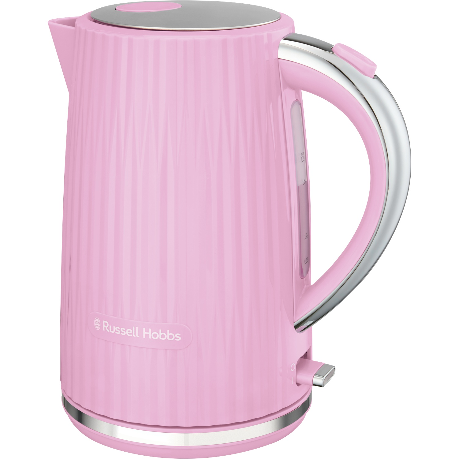 Een roze waterkoker met een geribbeld ontwerp en zilveren accenten.