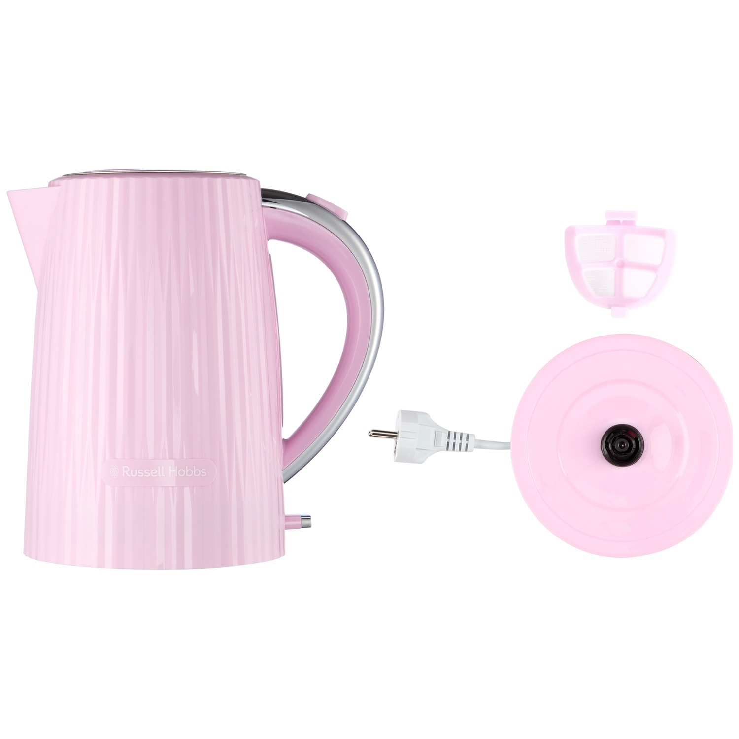 Een roze waterkoker met geribbeld design en accessoires, op witte achtergrond.
