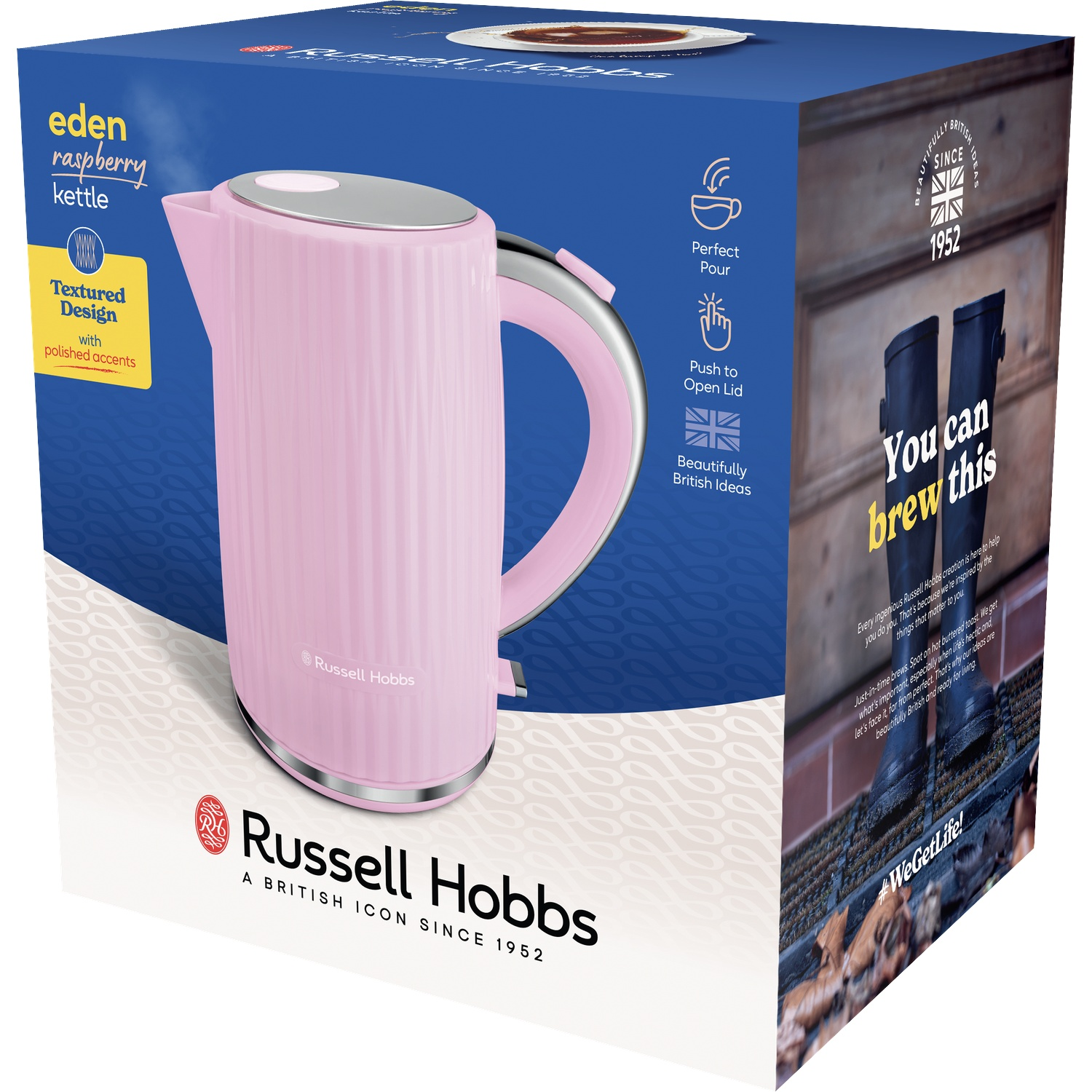 Een roze Russell Hobbs waterkoker met een getextureerd ontwerp en gepolijste accenten.