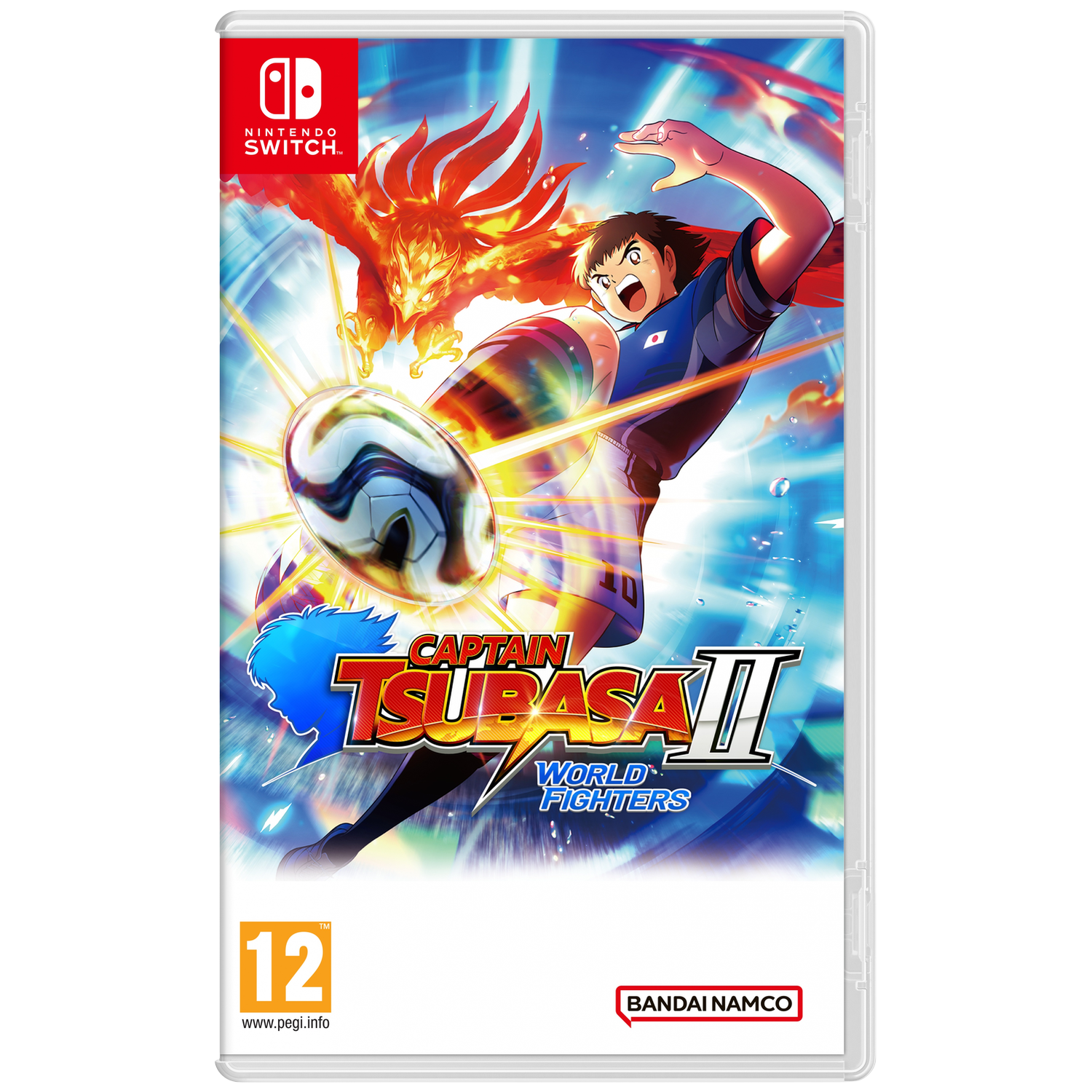 Voetballer met vuurvogel en bal voor Nintendo Switch logo.