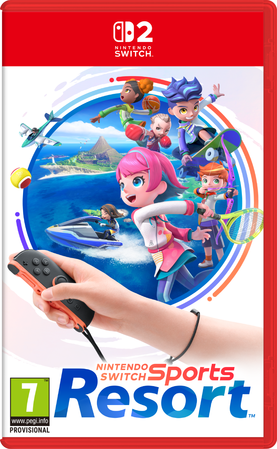 Portada del juego Nintendo Switch Sports Resort con personajes diversos practicando deportes y una mano sosteniendo un mando.