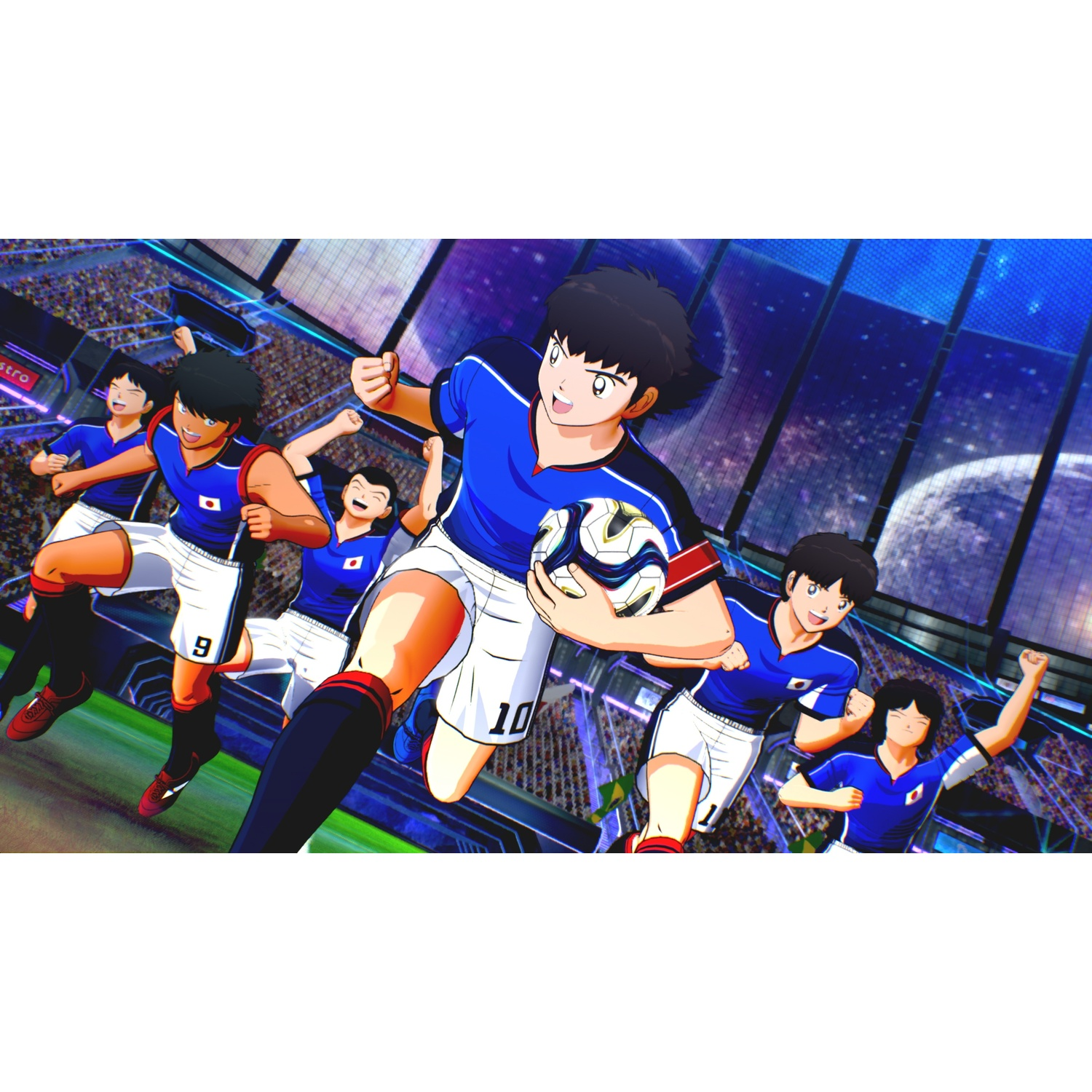 Anime voetballers in blauwe tenues rennen met een bal op een veld in de ruimte.