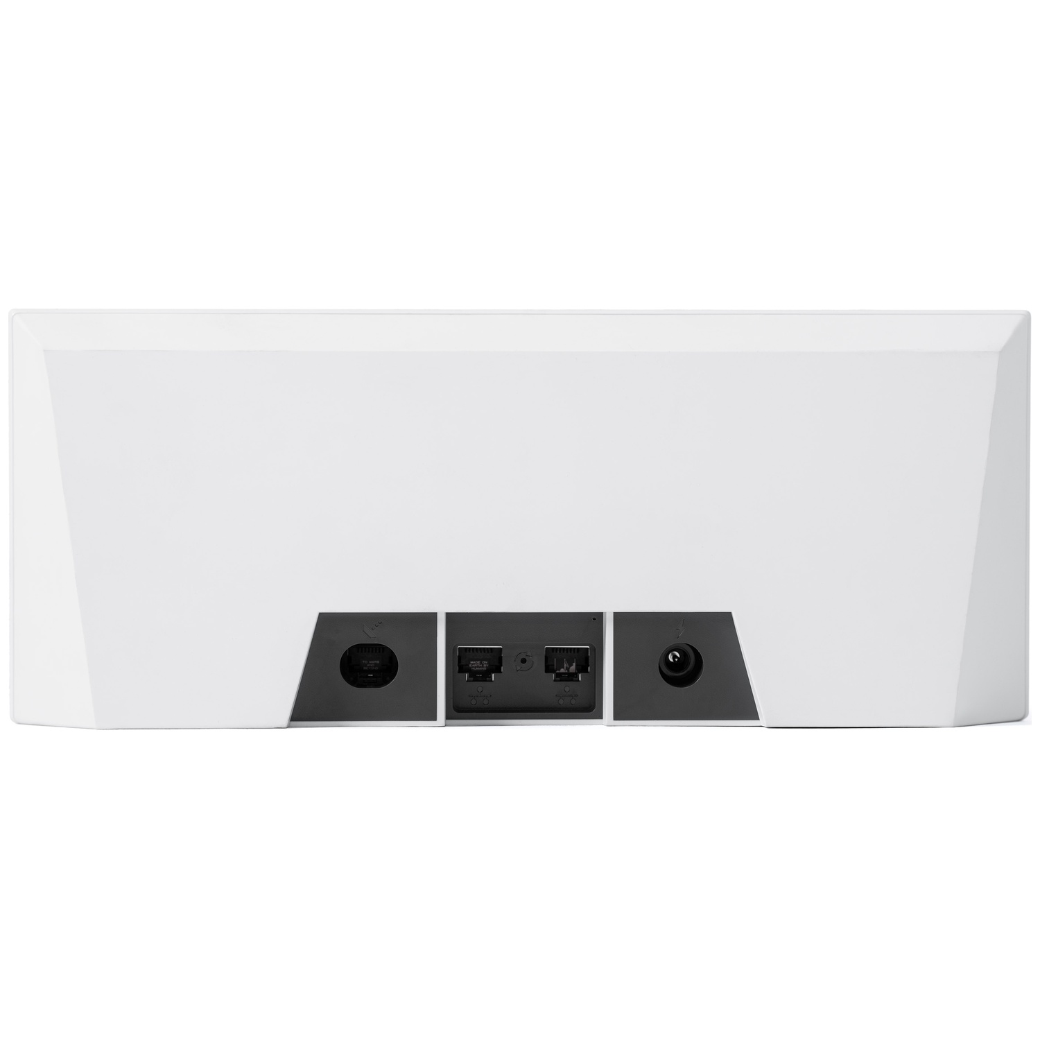 Achterkant van een wit apparaat met stroom-, ethernet-, USB- en stroompoorten.