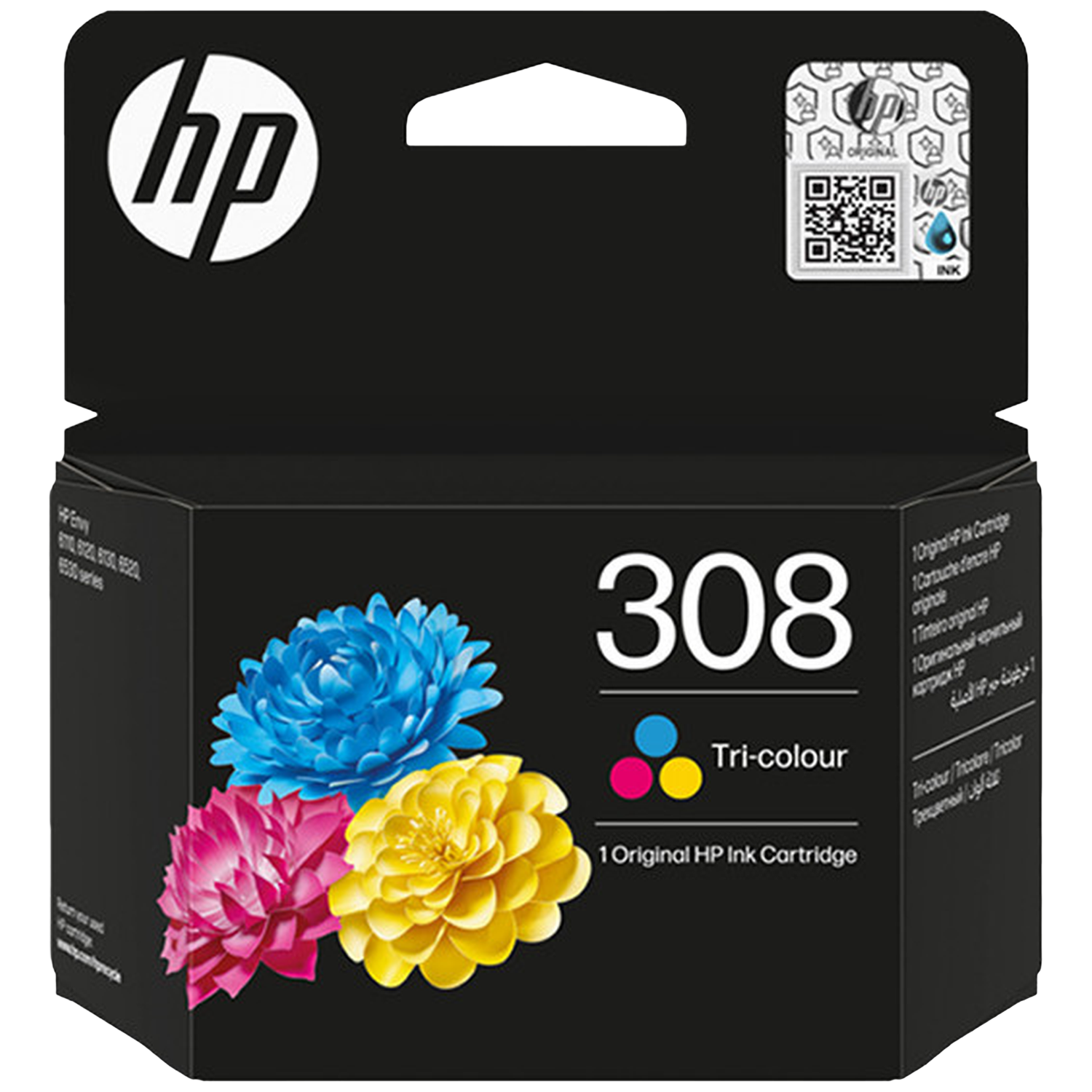 Verpakking HP 308 Tricolor inktcartridge met bloemmotief.