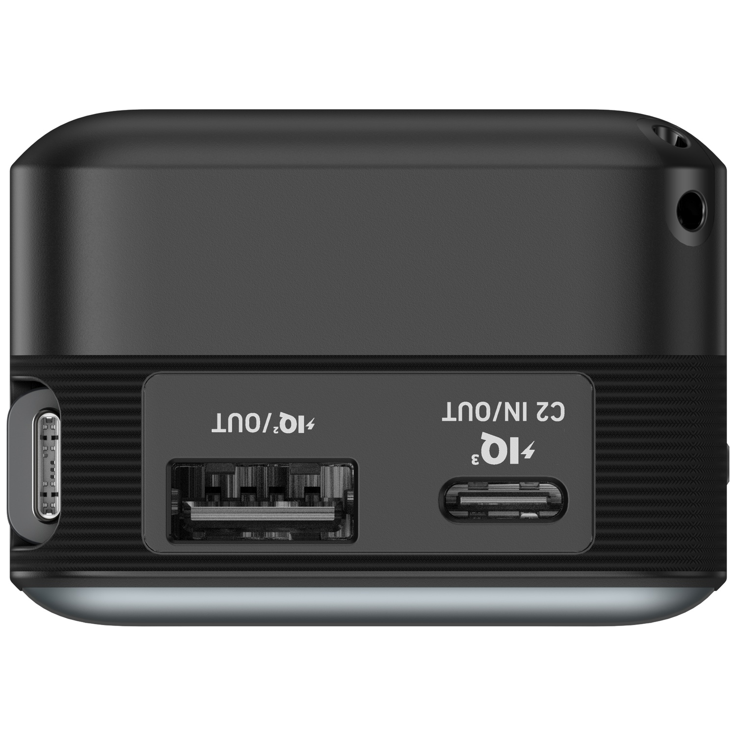 Batterie externe noire avec USB-A, USB-C IN/OUT et un autre port USB-C.