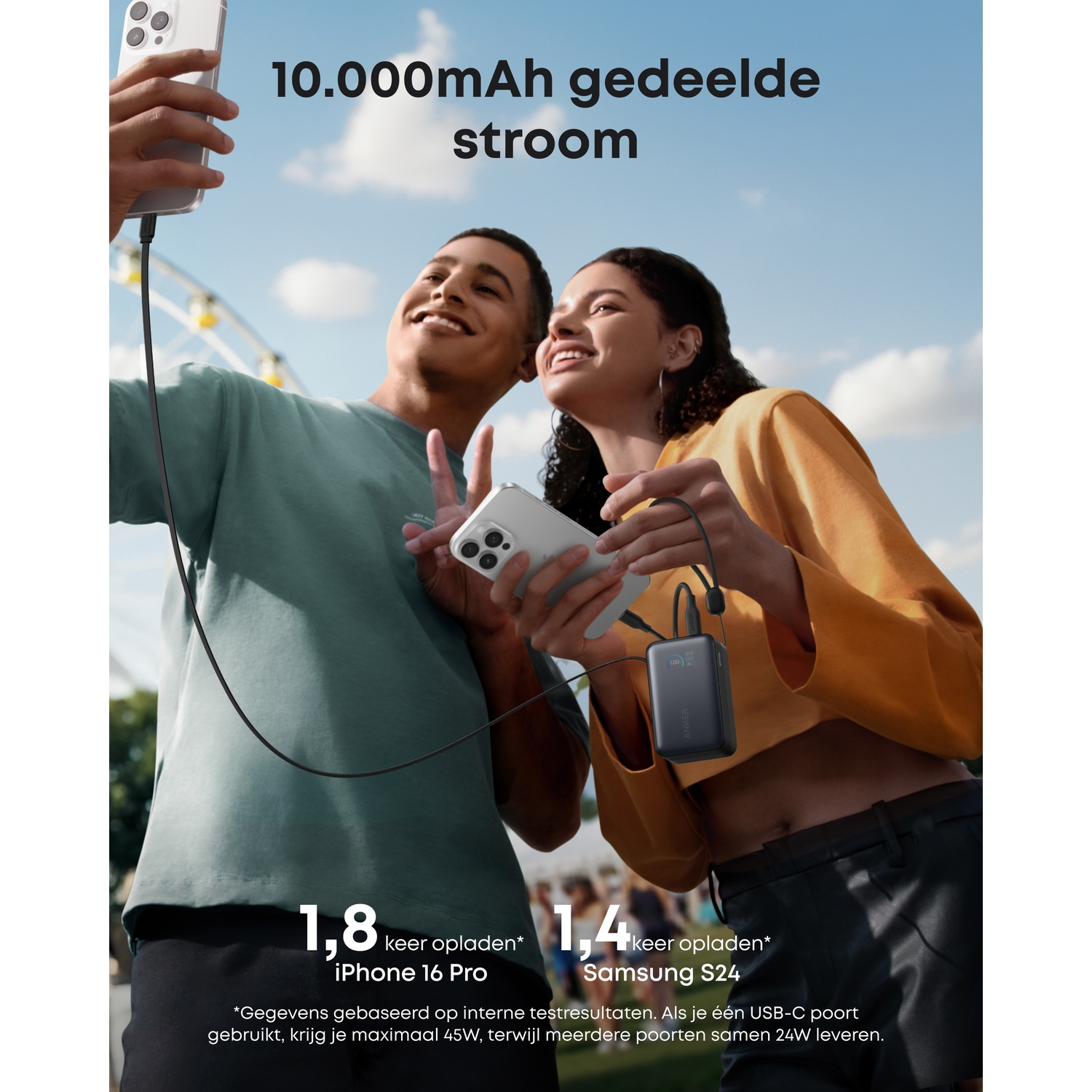 Deux jeunes chargent leurs téléphones avec une batterie externe, grande roue en arrière-plan.