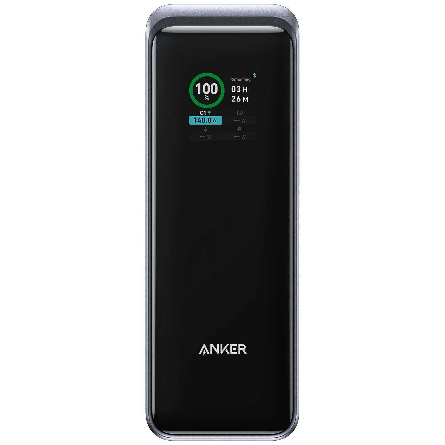 Een zwart Anker powerbank-apparaat met 100% lading en 3 uur 26 minuten resterende tijd.
