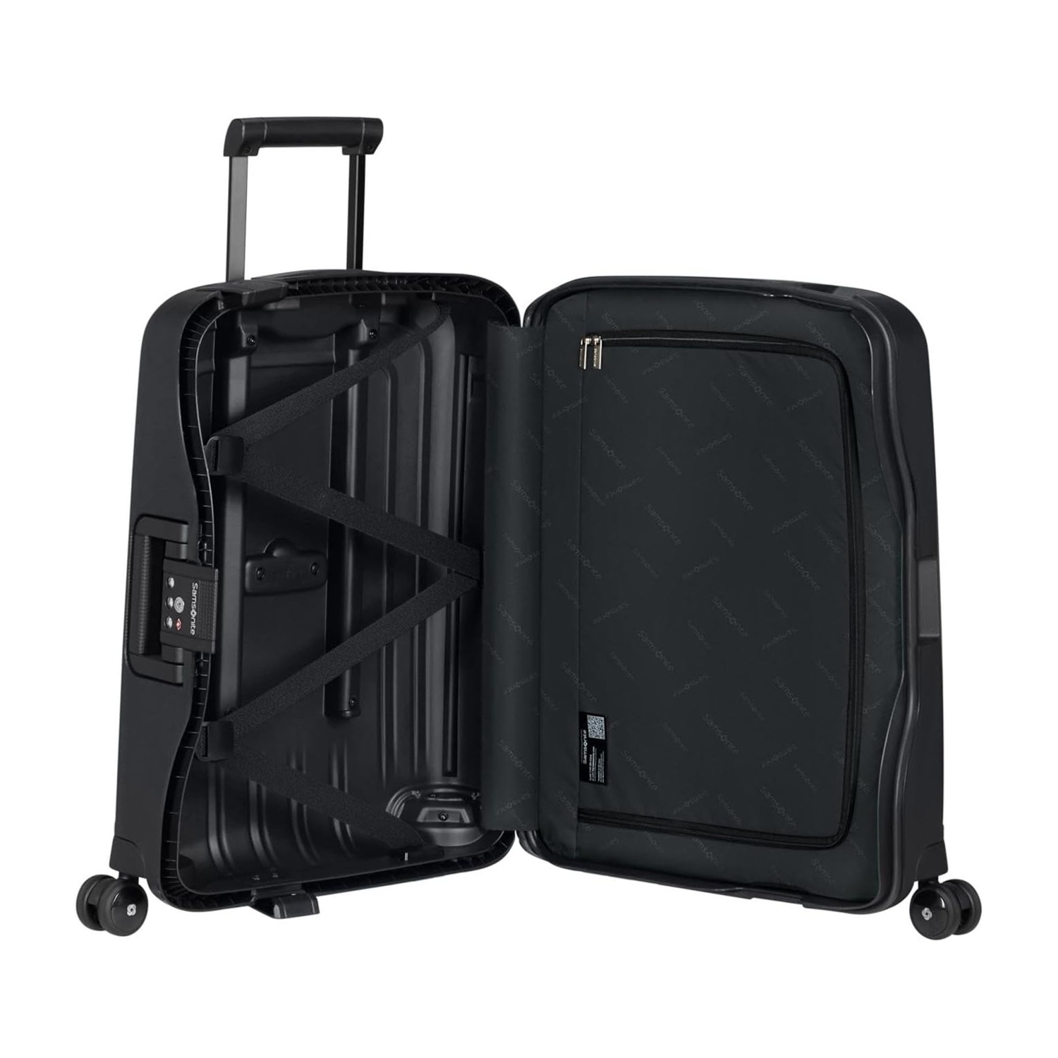 Una valigia Samsonite nera è aperta. La maniglia è estesa.