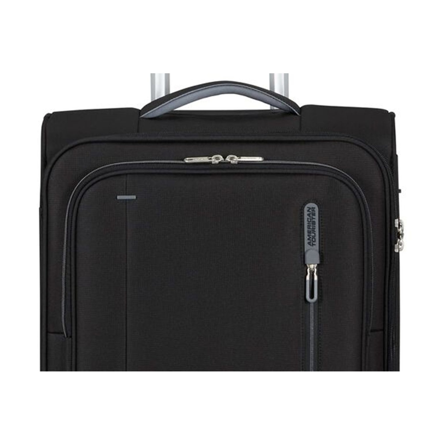 Valigia nera con manico estraibile e cerniere. Logo American Tourister.