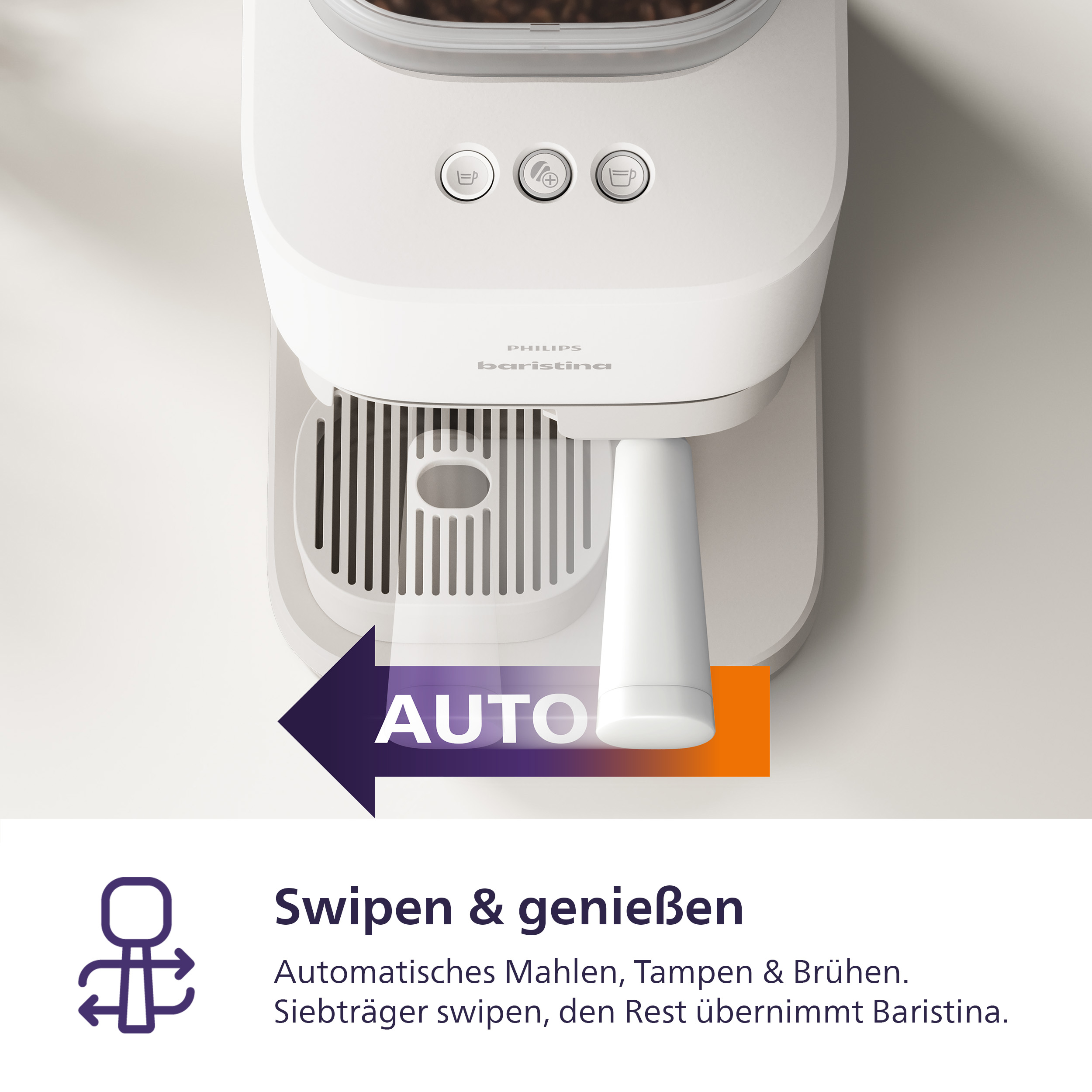 Weiße Kaffeemaschine mit Tasten, Kaffeebehälter und "AUTO"-Anzeige.