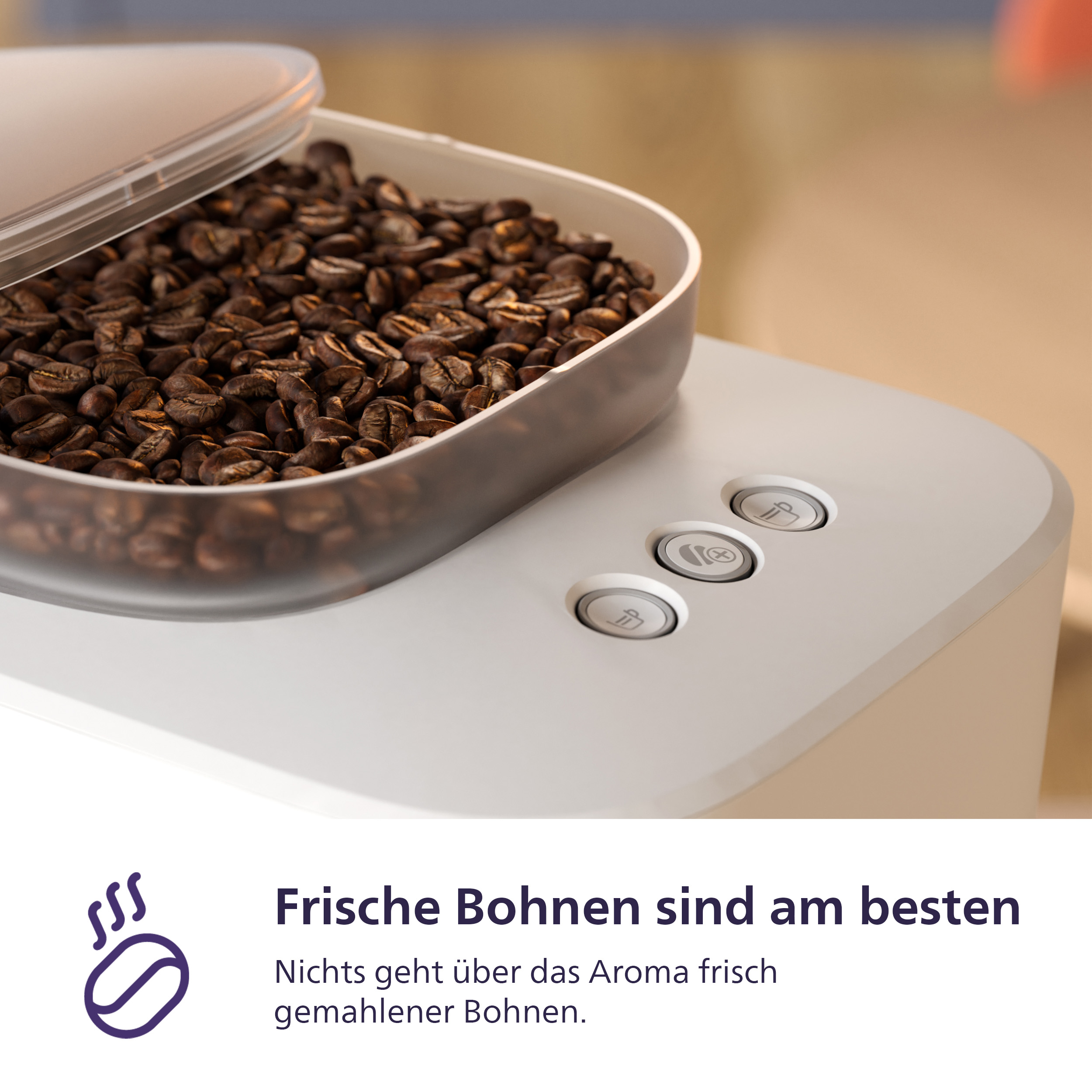 Ein Behälter mit Kaffeebohnen und Bedienelementen einer Kaffeemaschine.