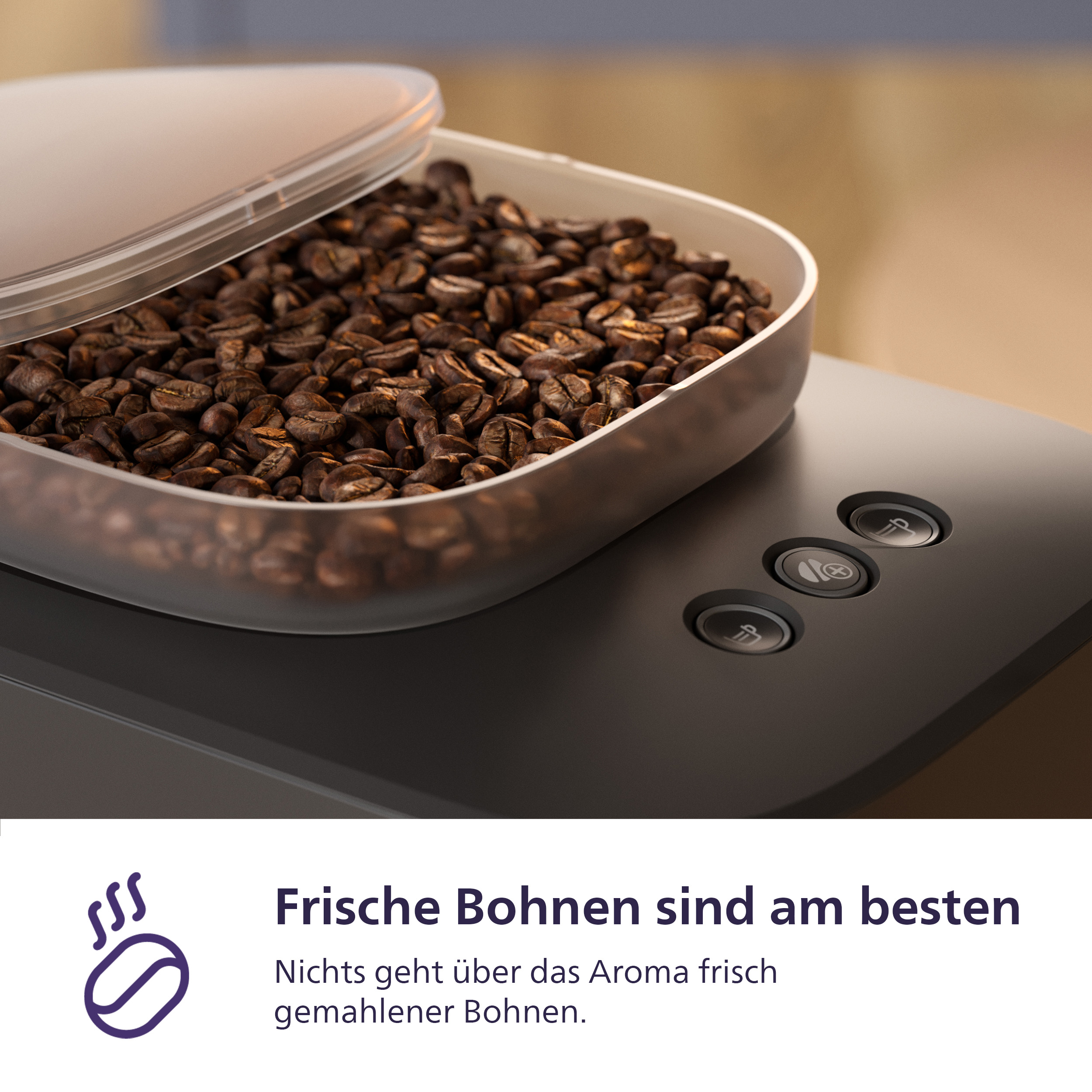 Kaffeemaschine mit Behälter voller Kaffeebohnen und Bedienelementen.