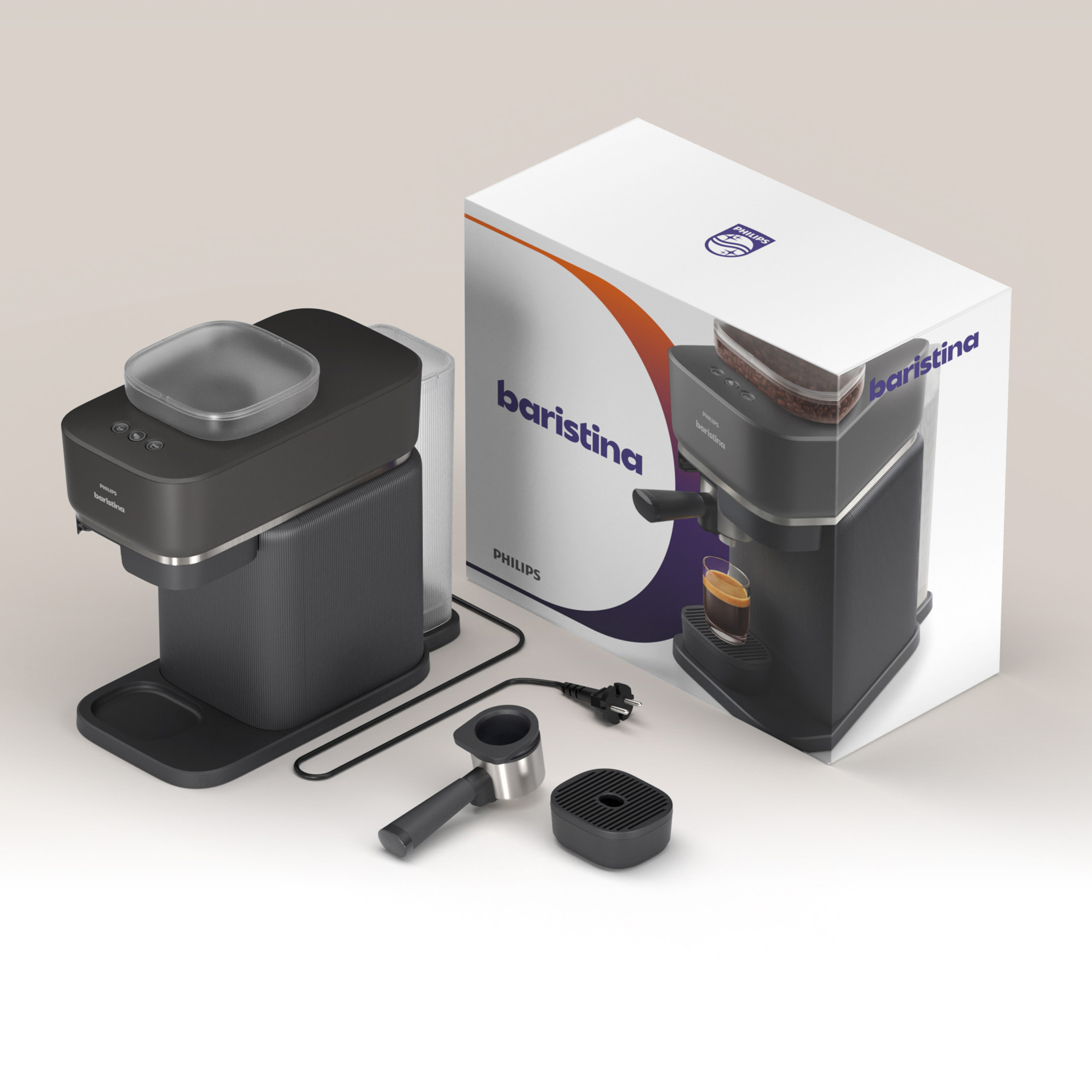 Eine Kaffeemaschine mit Zubehör und Verpackung auf hellem Hintergrund.