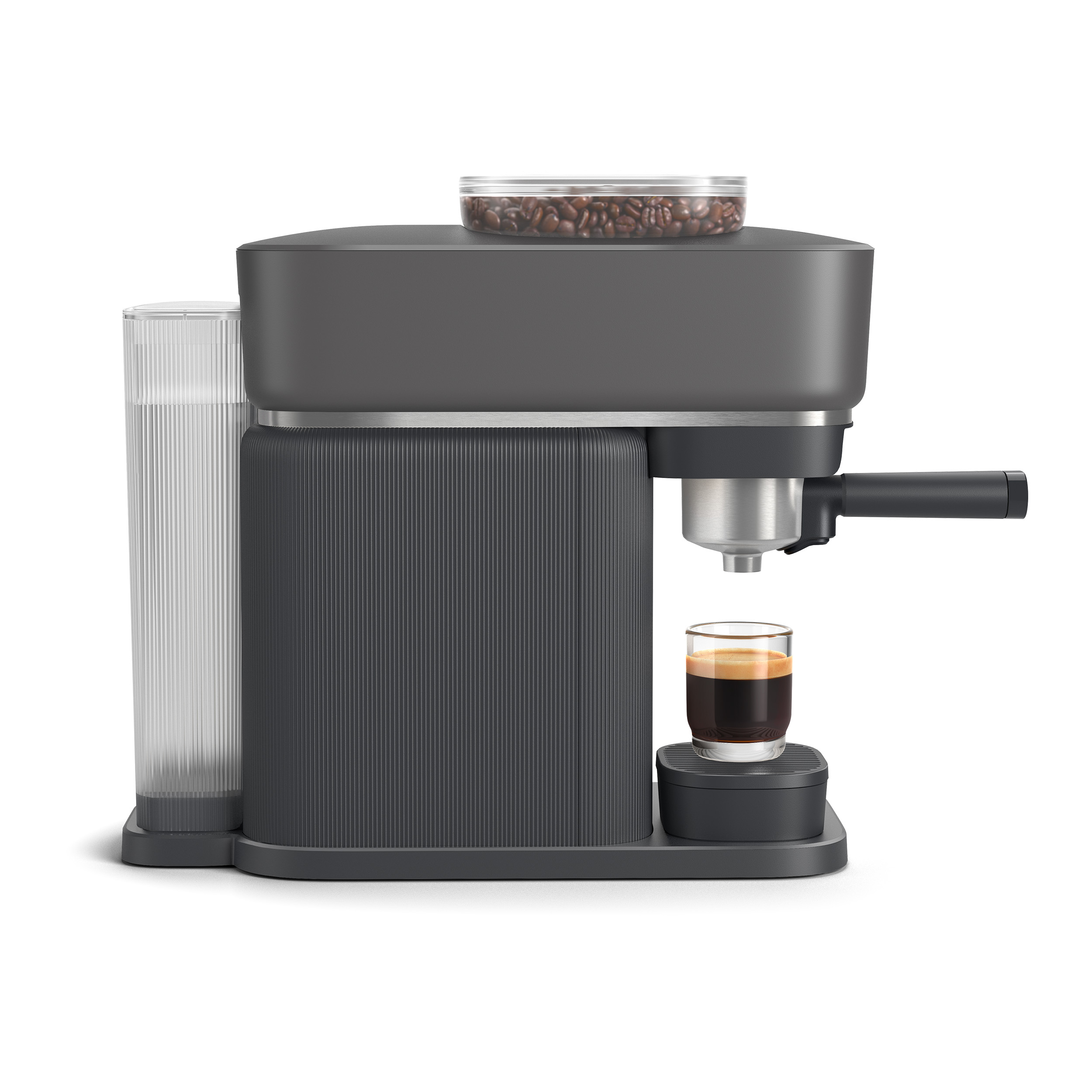 Moderne Kaffeemaschine mit Bohnenbehälter, Wassertank und einem Glas Espresso.