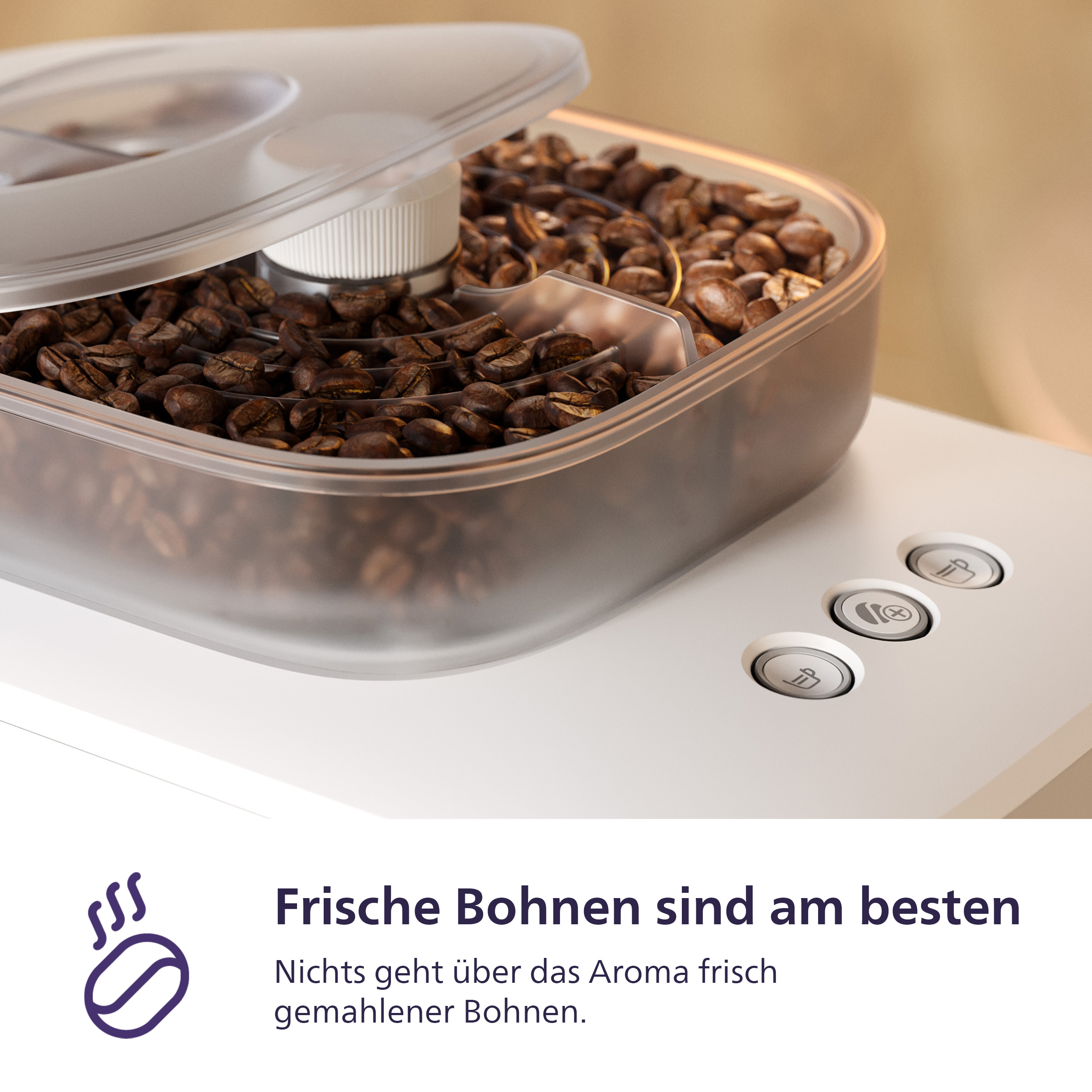 Kaffeemaschine mit vollem Bohnenbehälter und Bedienelementen.