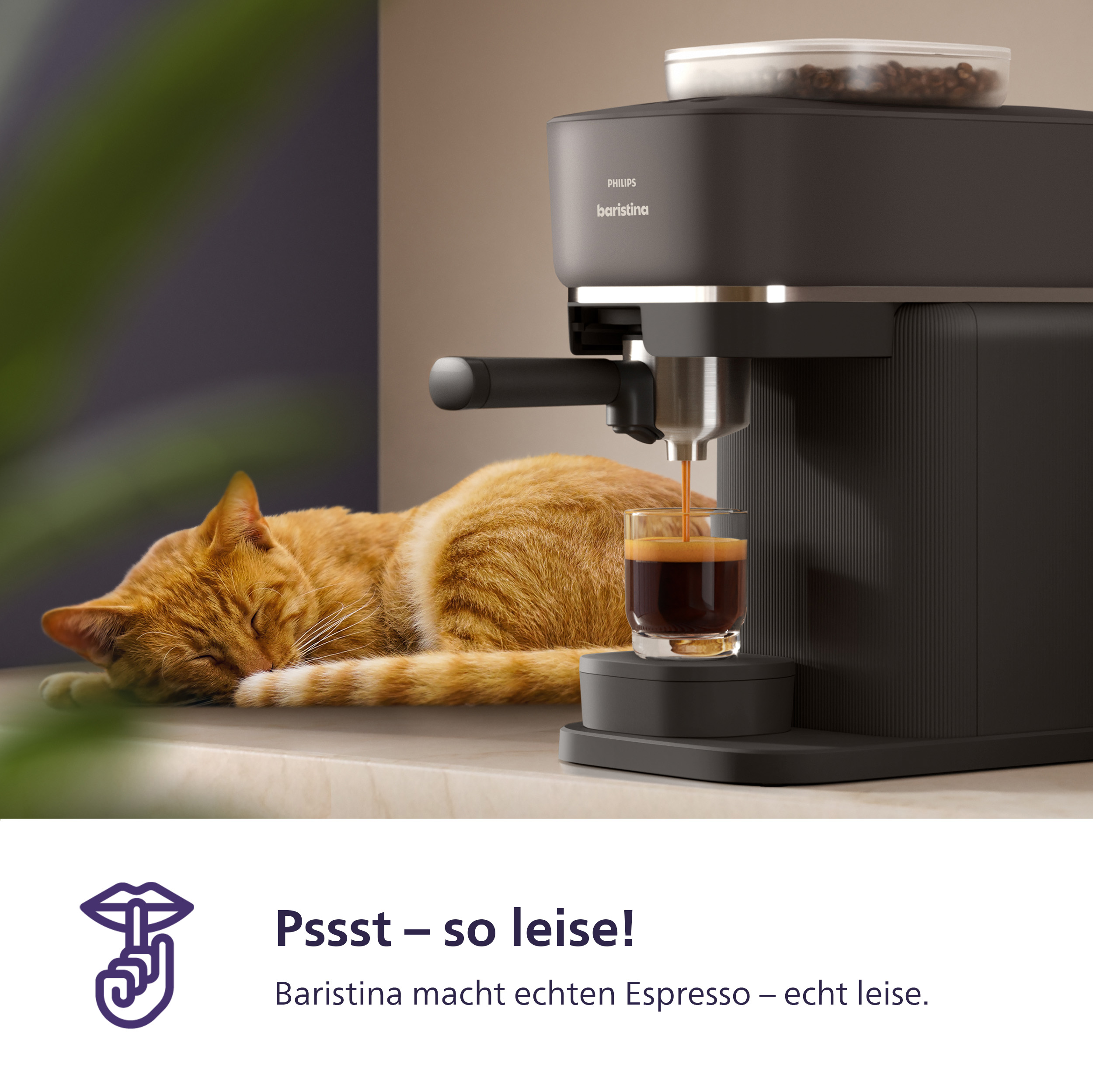 Eine orangefarbene Katze schläft neben einer Kaffeemaschine, die Espresso zubereitet.